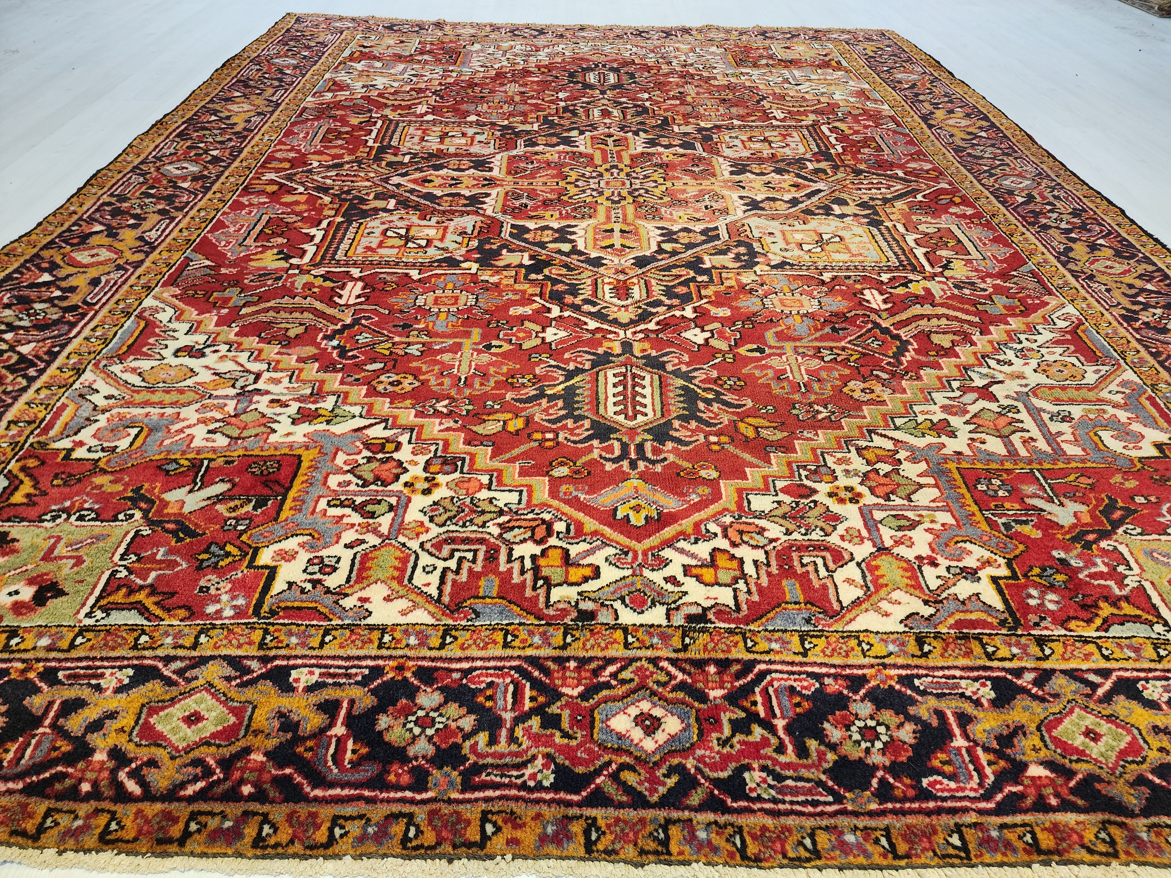Vintage Persian Rug 11x8 Red Blue and White Extra Large Rug for the Living or Dining Room Handmade from Natural Wool in Turkey