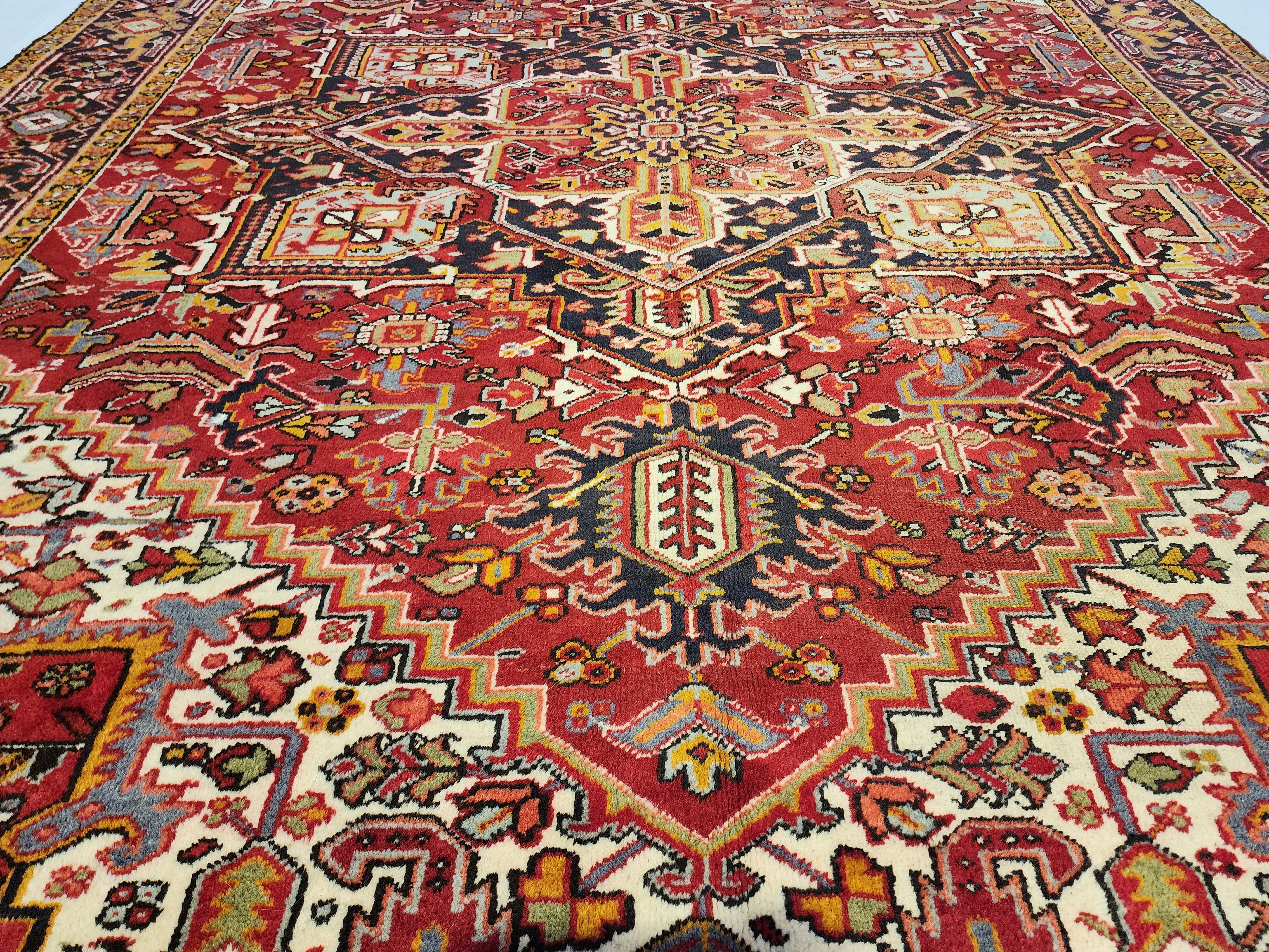 Vintage Persian Rug 11x8 Red Blue and White Extra Large Rug for the Living or Dining Room Handmade from Natural Wool in Turkey