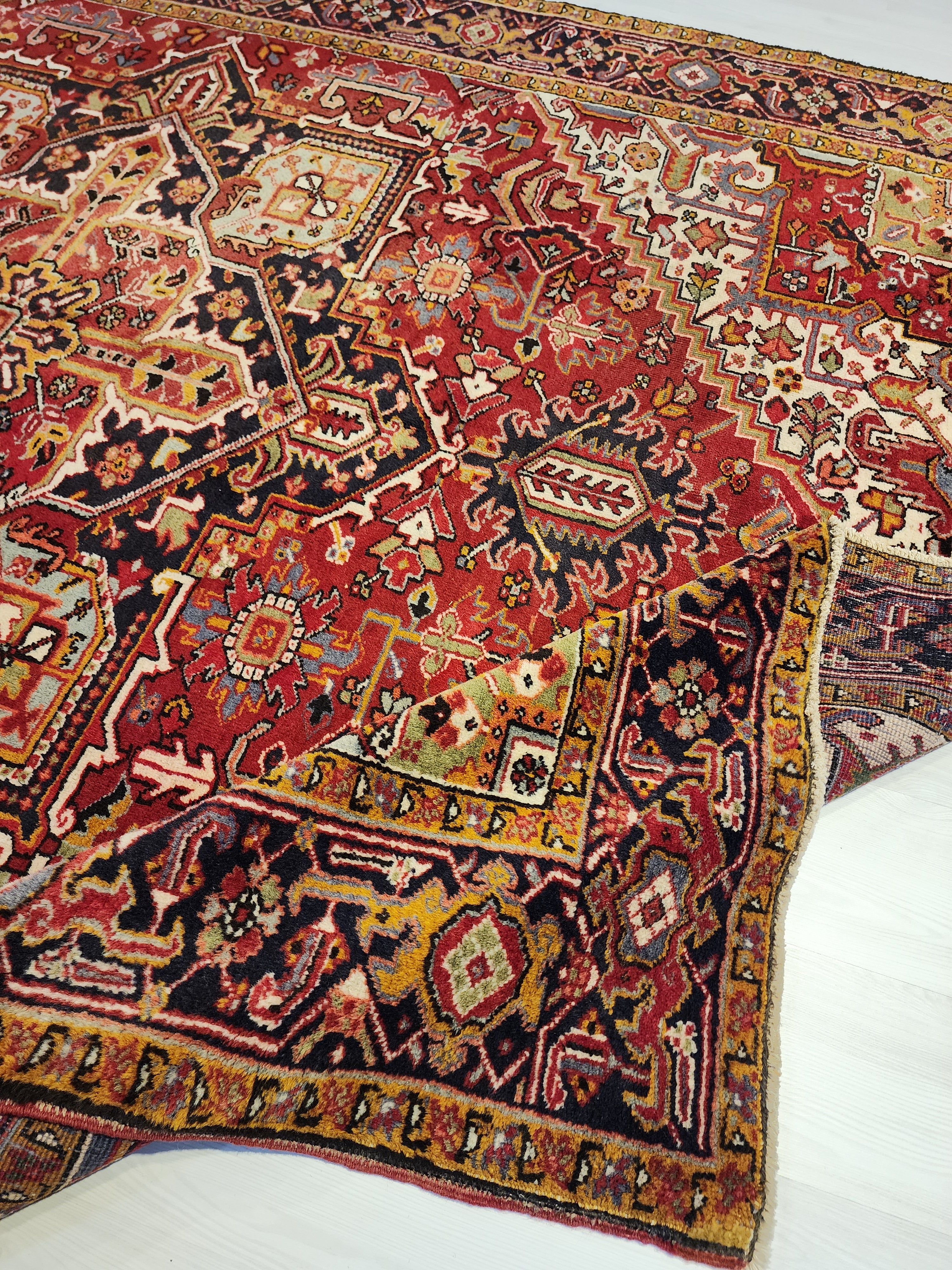 Vintage Persian Rug 11x8 Red Blue and White Extra Large Rug for the Living or Dining Room Handmade from Natural Wool in Turkey