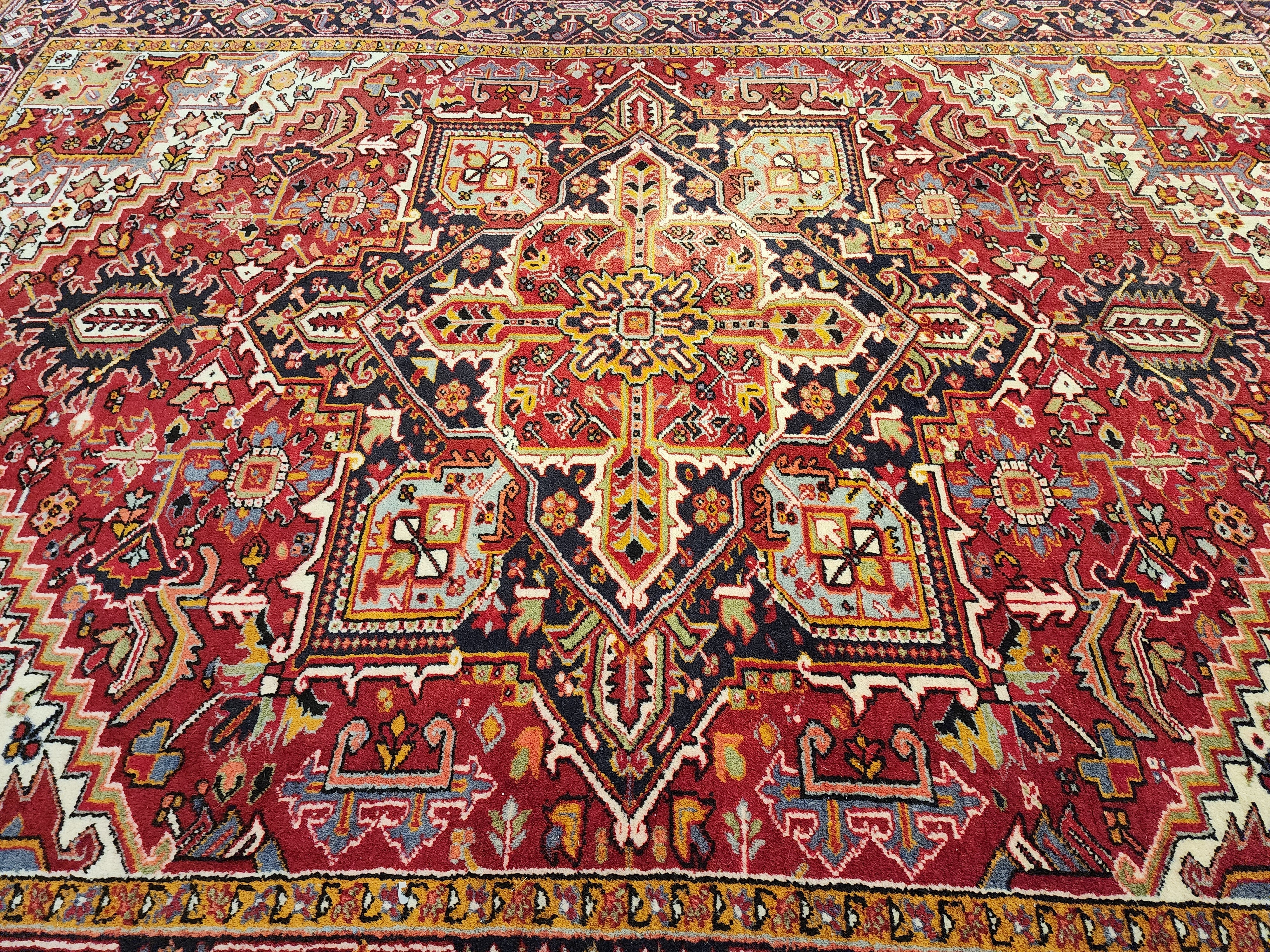 Vintage Persian Rug 11x8 Red Blue and White Extra Large Rug for the Living or Dining Room Handmade from Natural Wool in Turkey