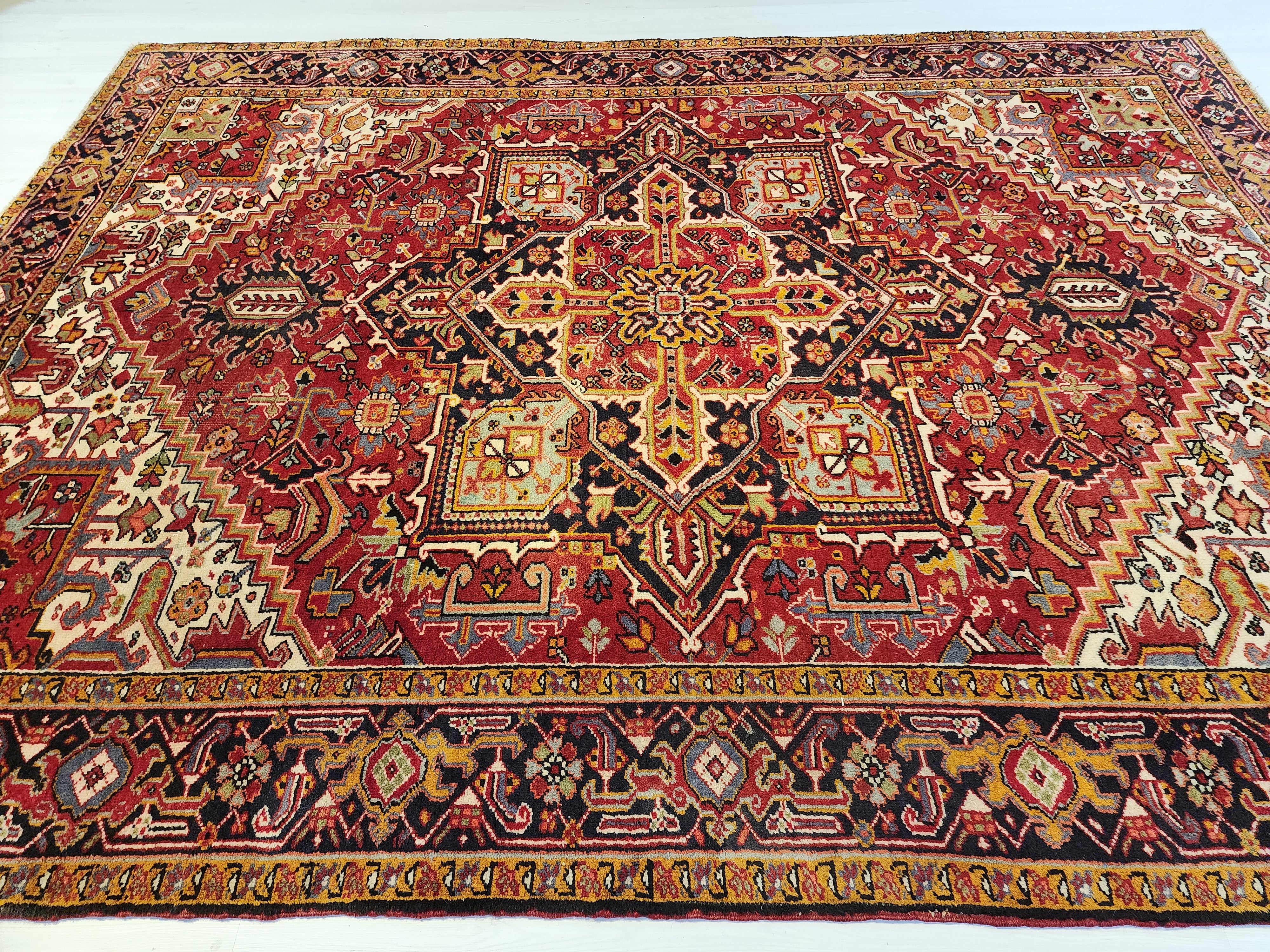 Vintage Persian Rug 11x8 Red Blue and White Extra Large Rug for the Living or Dining Room Handmade from Natural Wool in Turkey