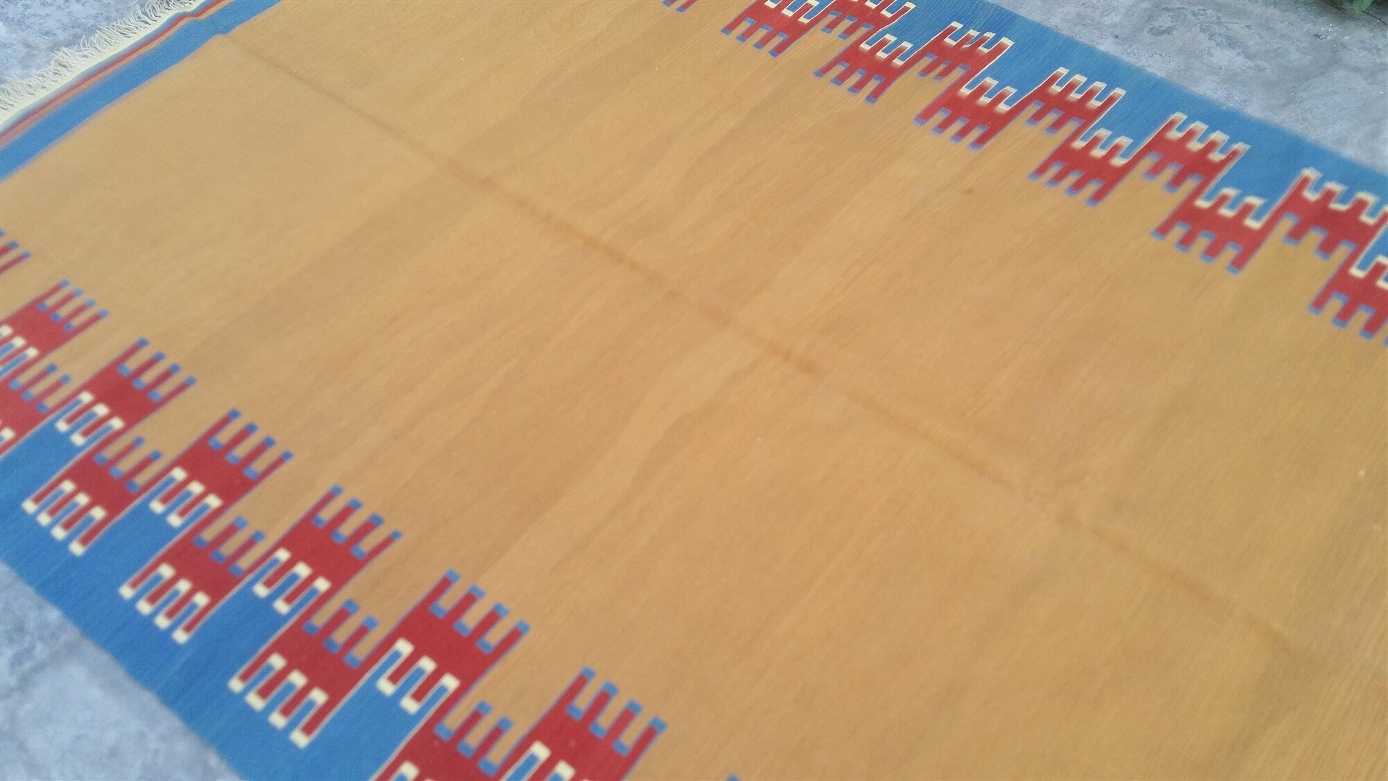 Turkish Kilim Rug, 7 x 3 Mustard Blue Tan Boho Retro Natural Wool Kilim Rug