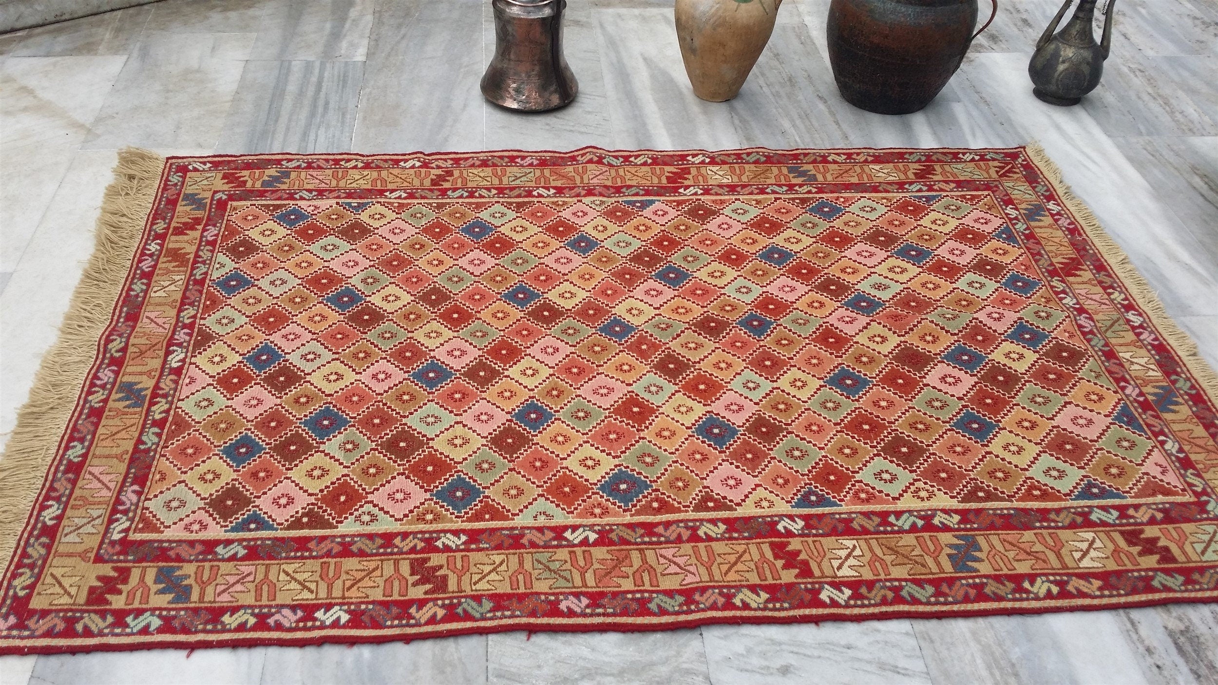 vintage Soumak Wool Small Rug — back view