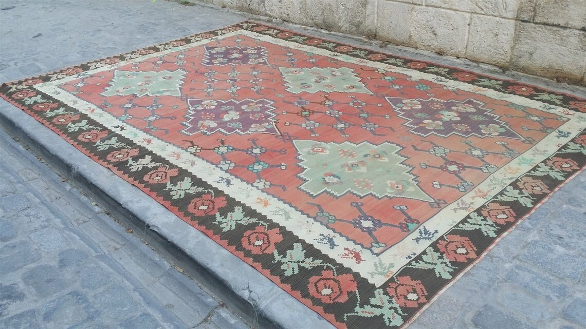 vintage Caucasian Wool Large Area Rug — pattern close-up