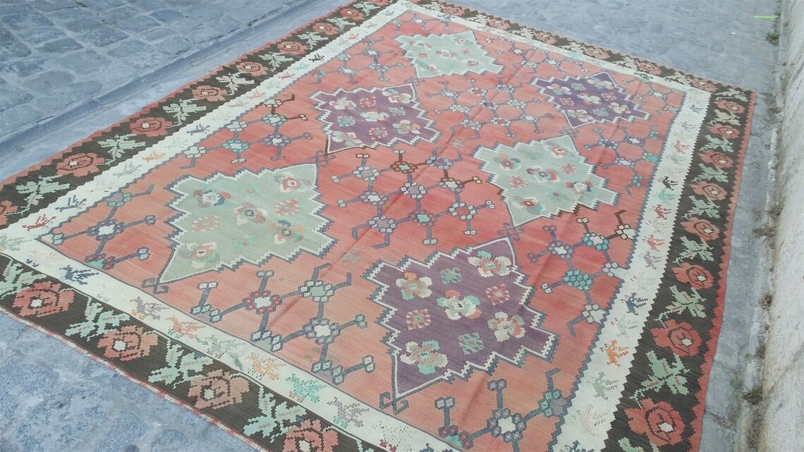 vintage Caucasian Wool Large Area Rug — detail texture