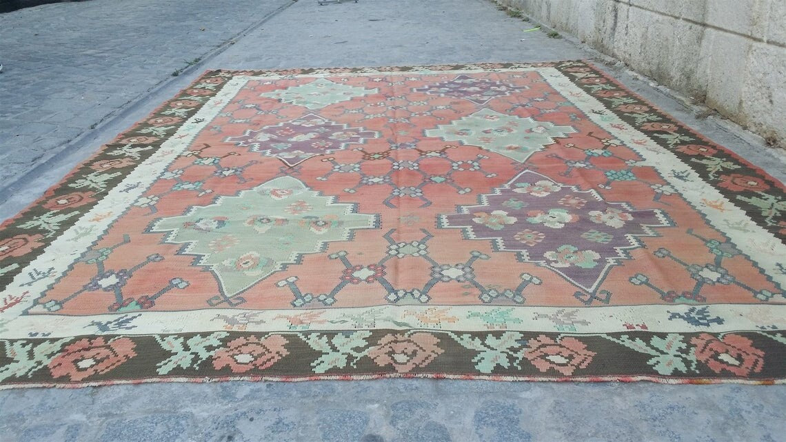 vintage Caucasian Wool Large Area Rug — back view