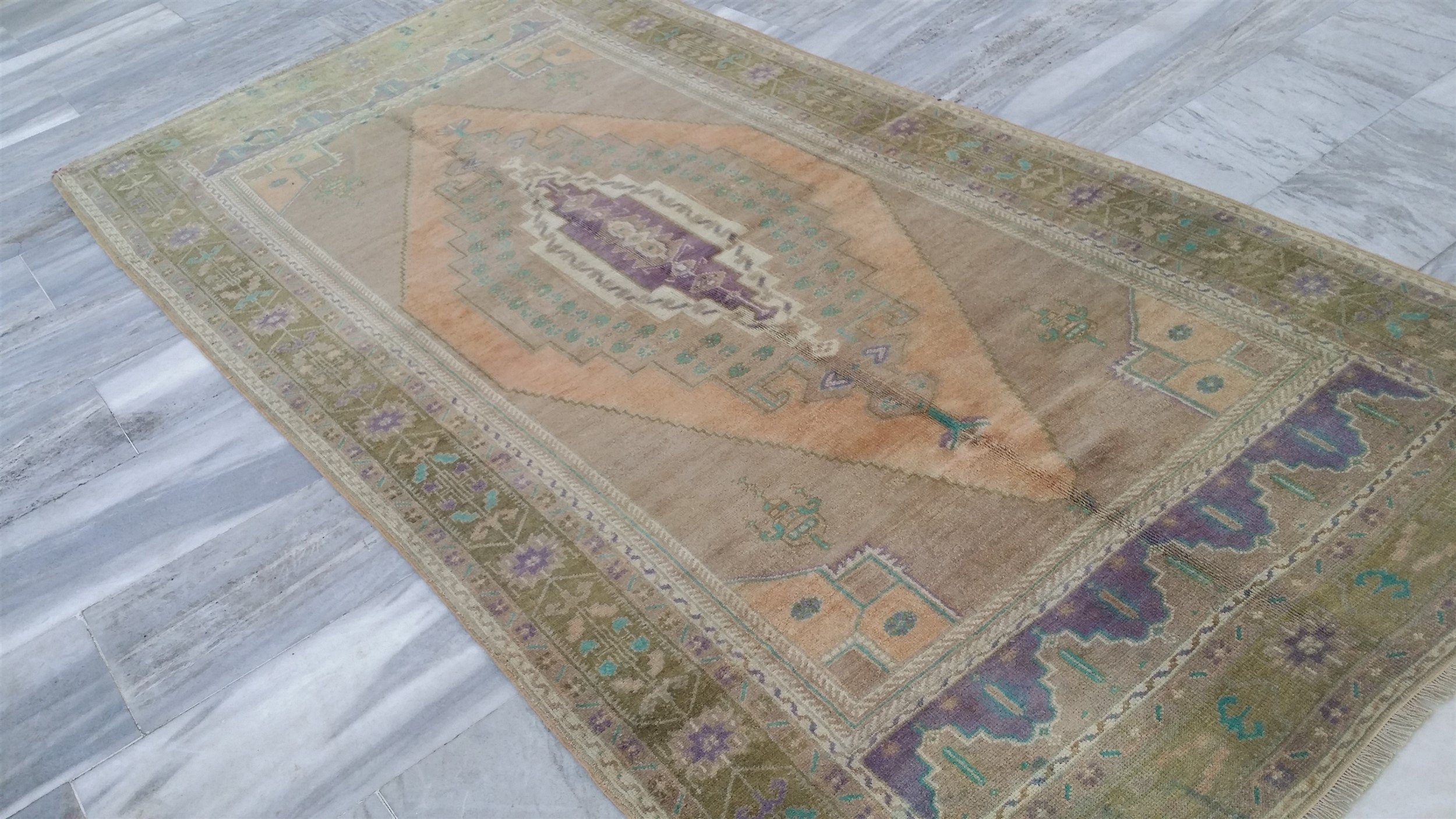 Turkish Oushak Rug, Pink and Grey Rug, Vintage Tribal Nomadic Distressed Muted Color Rug, Handmade Natural Wool Persian Area Rug 9'4"x4'9