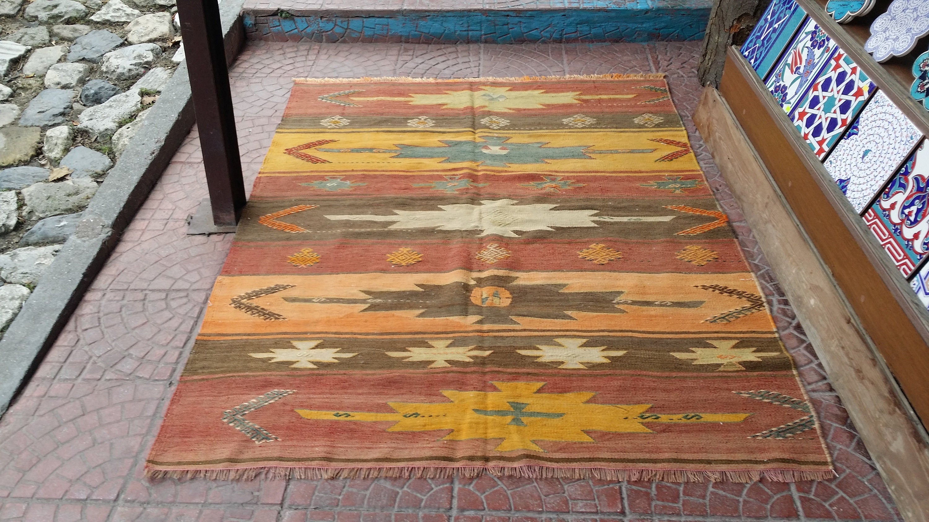 antique Kilim Wool Area Rug — back view