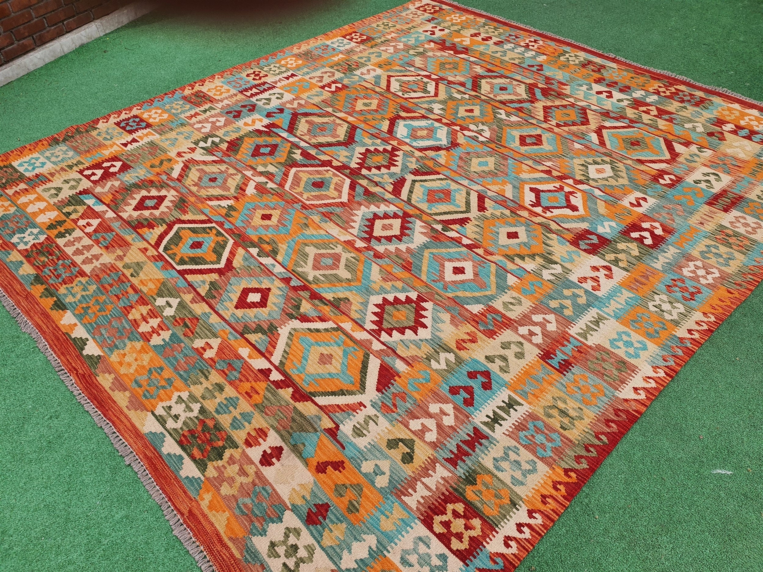 Afghan Kilim Vintage Rug, 9 ft 5 in x 8 ft 3 in Red Pink, Blue and Off-White Turkish Handmade KIlim Rug