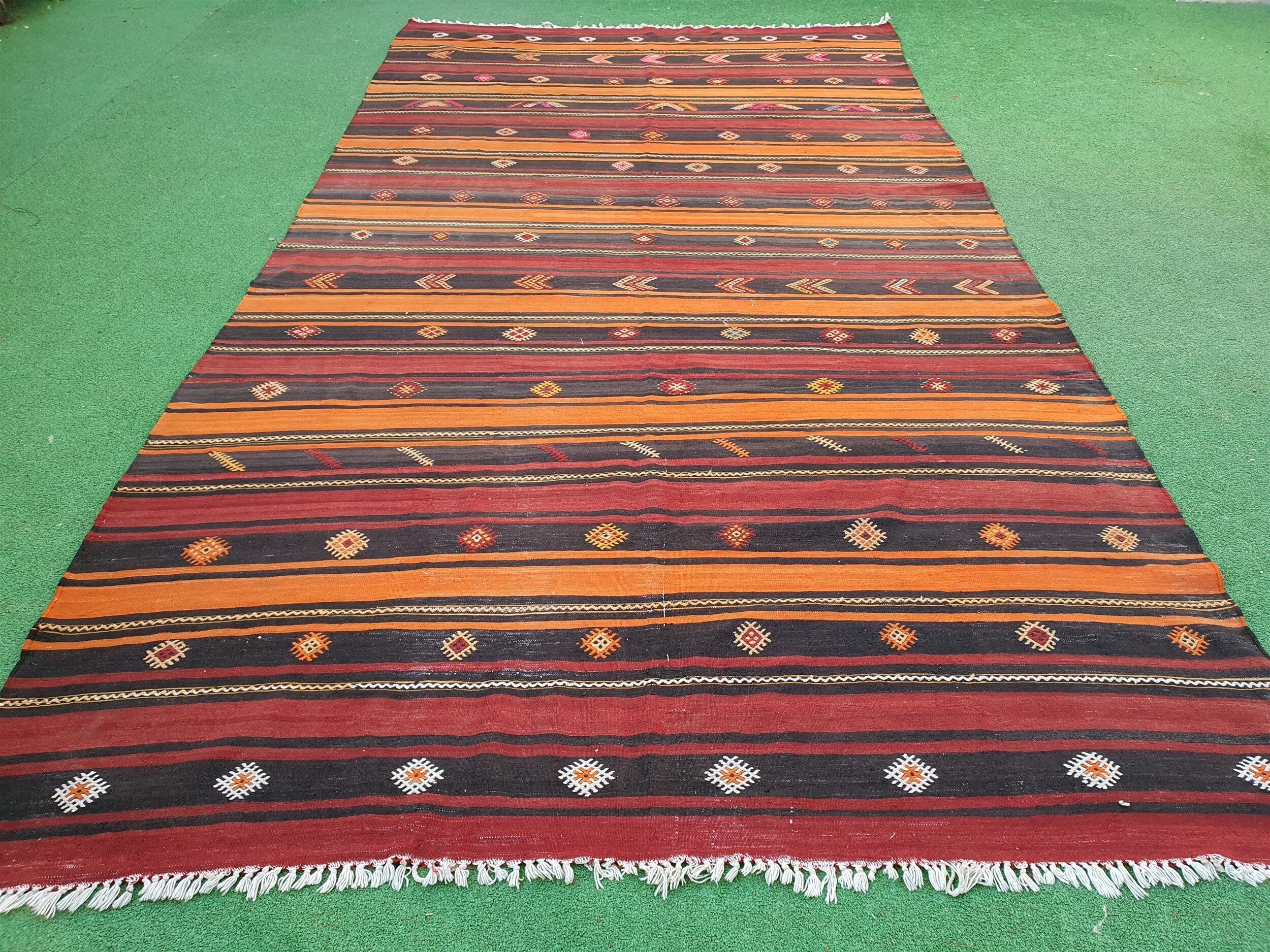Sivas Turkish Kilim Rug 12 x 6 ftTerracotta Orange Brown Vintage Southwest Decor Handmade Wool Cicim, Antique Boho Rustic Persian Area Rug