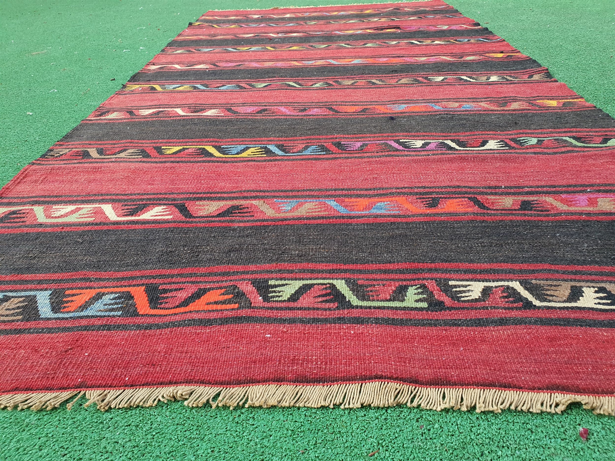 Afyon Turkey Kilim Rug, 6 ft 4 in x 3 ft 3 in, Vintage Orange and Brown Striped Kilim
