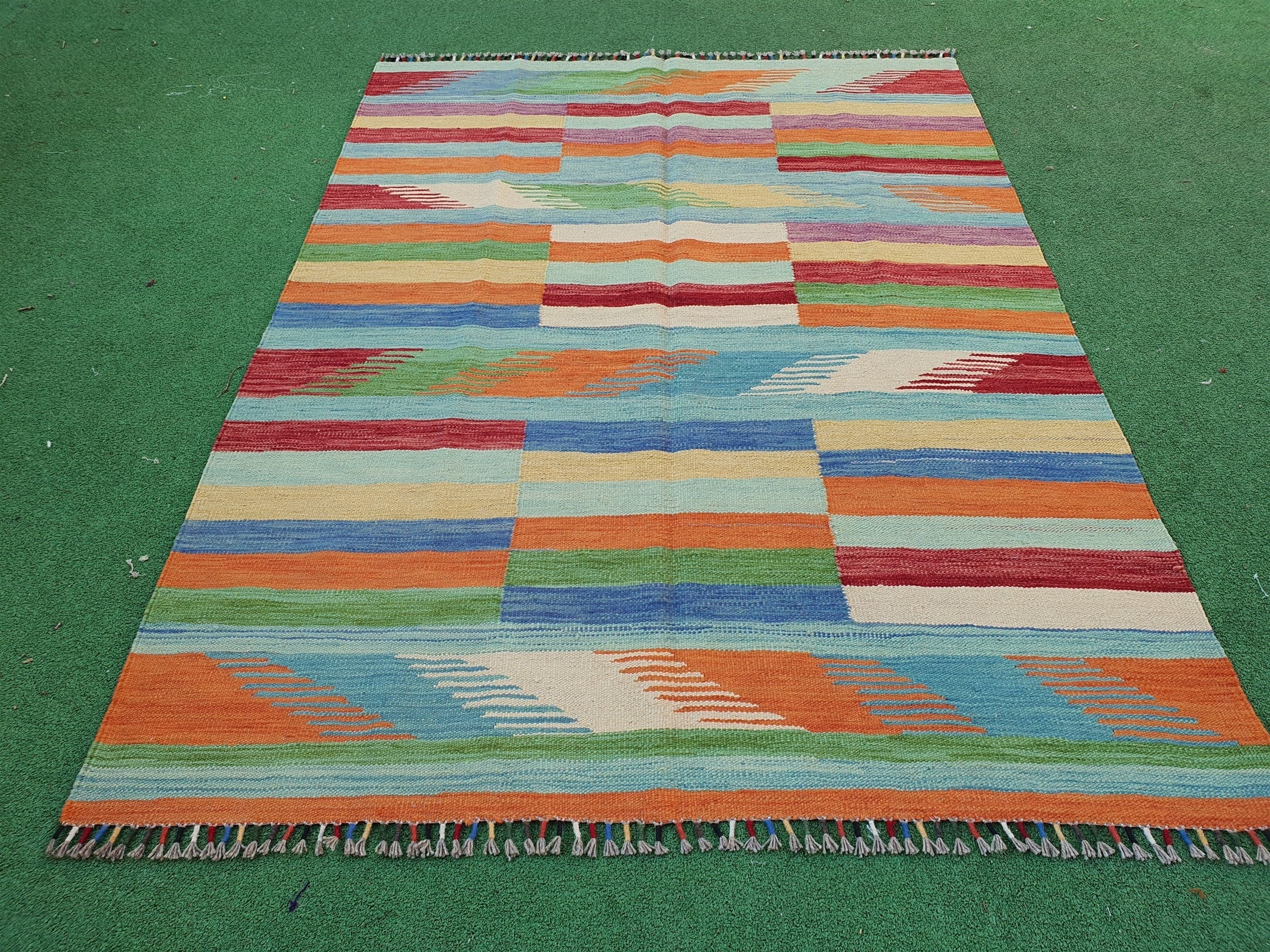 Oushak Vintage Kilim Rug, 6 x 4 ft Blue Red Beige Turkish Boho Retro Floor Rug for Living Room Kitchen Bedroom Persian Moroccan Home Decor