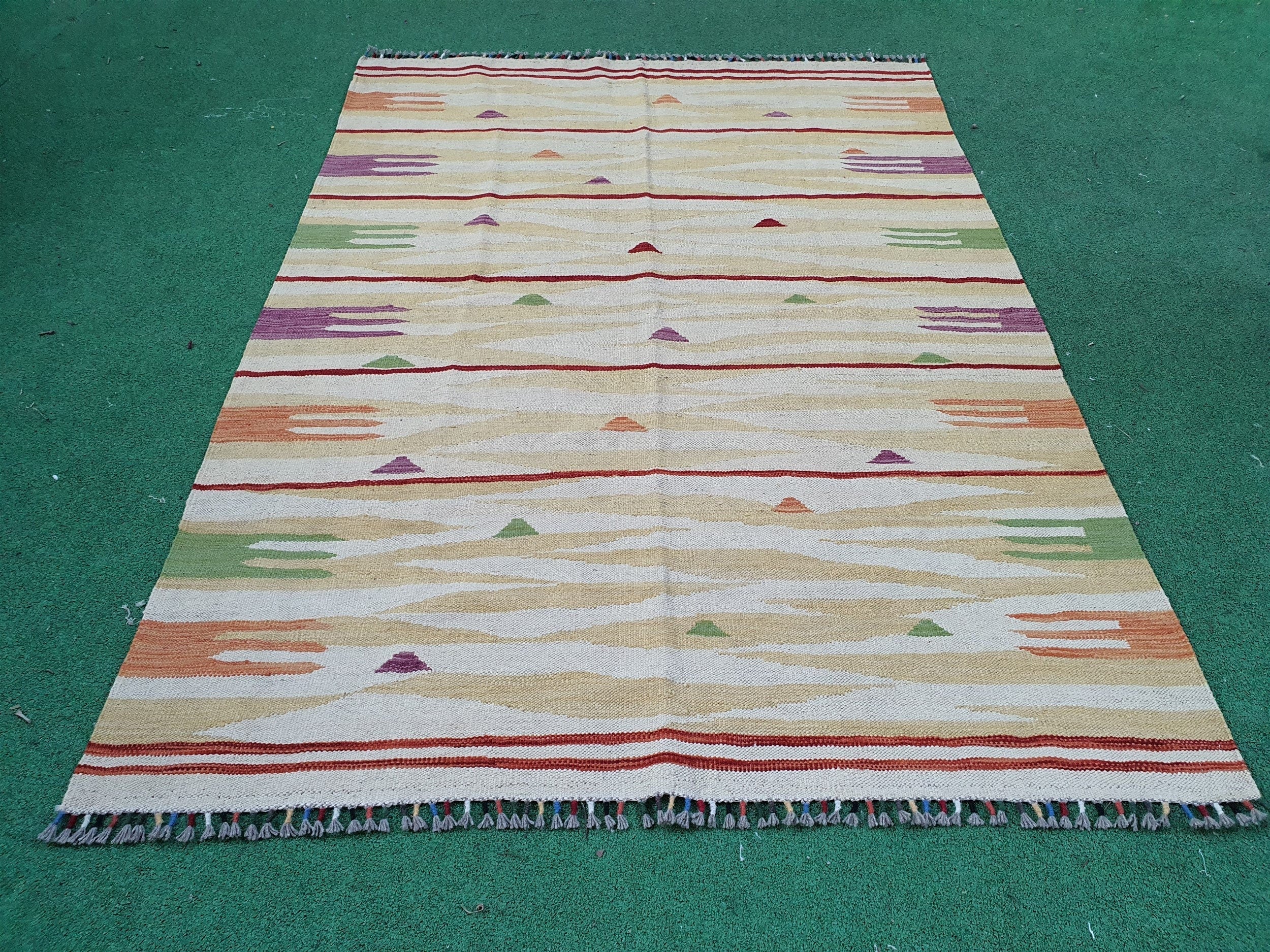 Oushak Vintage Kilim Rug, 6 x 4 ft Green Orange Turkish Boho Retro Floor Rug for Living Room Kitchen Bedroom Persian Moroccan Home Decor