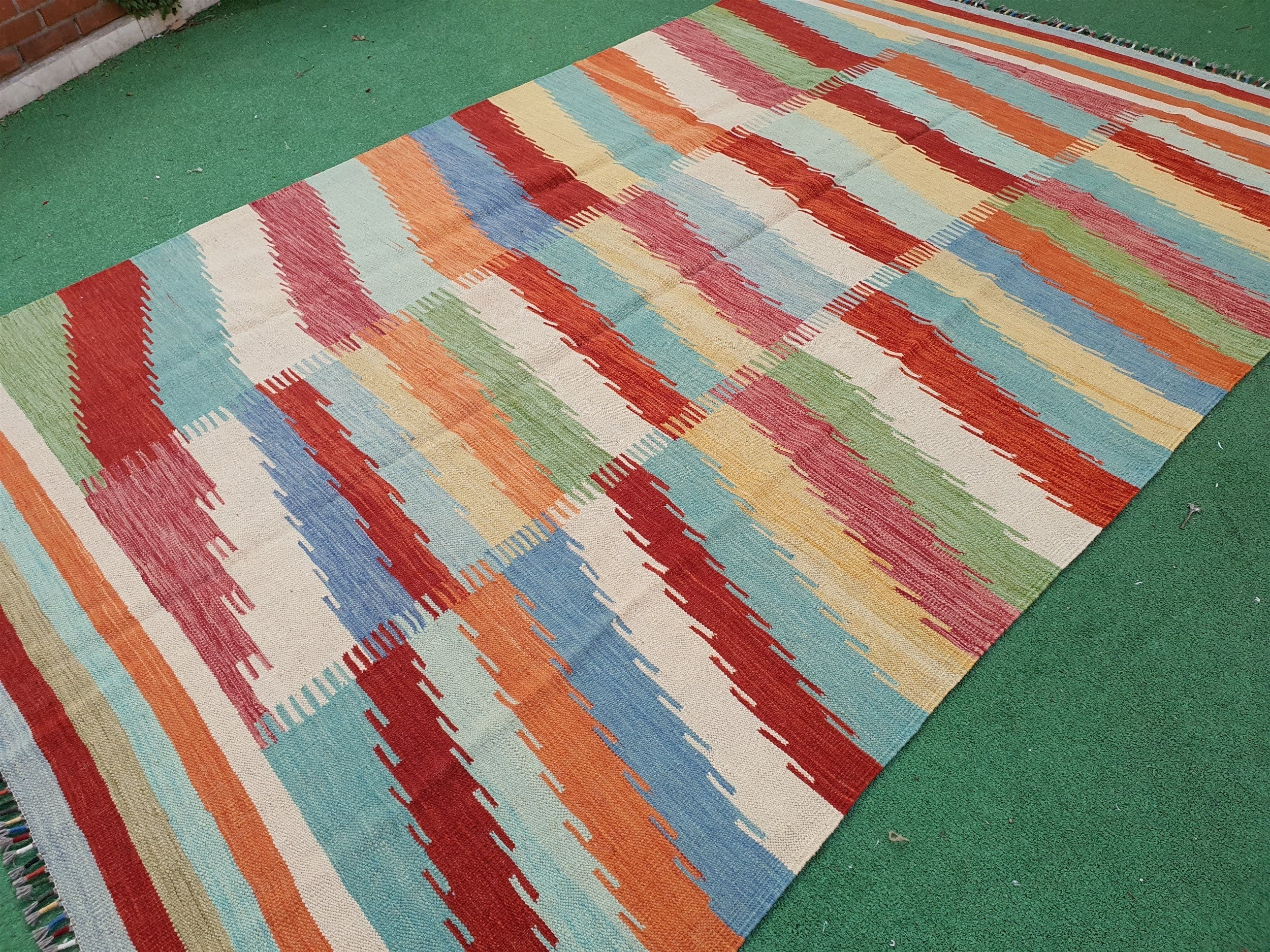 Oushak Vintage Kilim Rug, 9 x 6 ft Large Blue Red Beige Turkish Boho Retro Floor Rug for Living Room Kitchen Bedroom Persian Moroccan Decor