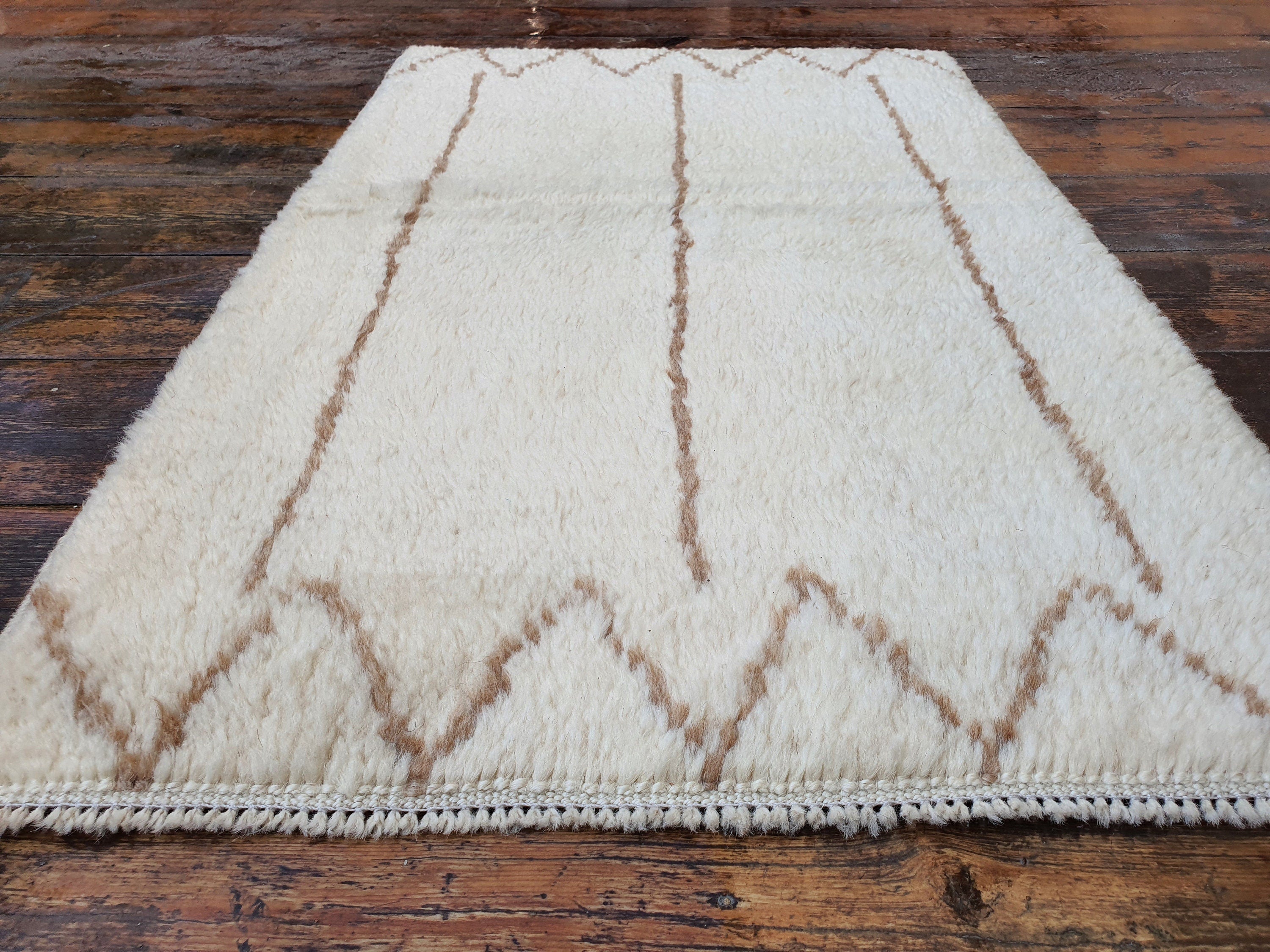 Turkish Filikli Rug,3 ft 2 in x 2 ft, Off White and Brown Turkish Tulu Shaggy Pile Kilim Rug