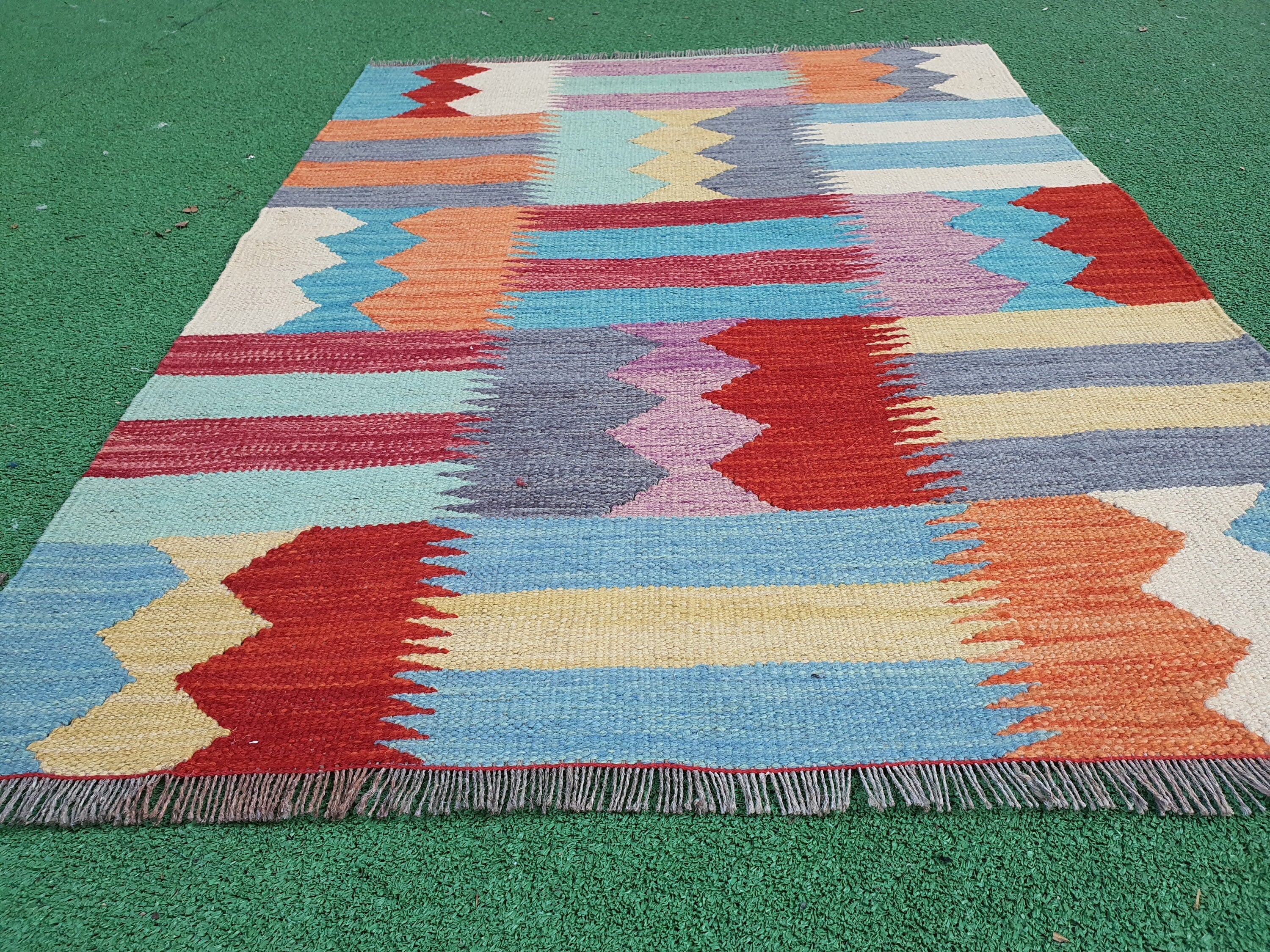 Oushak Kilim Rug, 3 ft 5 in x 2 ft 7 in Rust Red, Blue and Beige Turkish Entryway or Door Mat