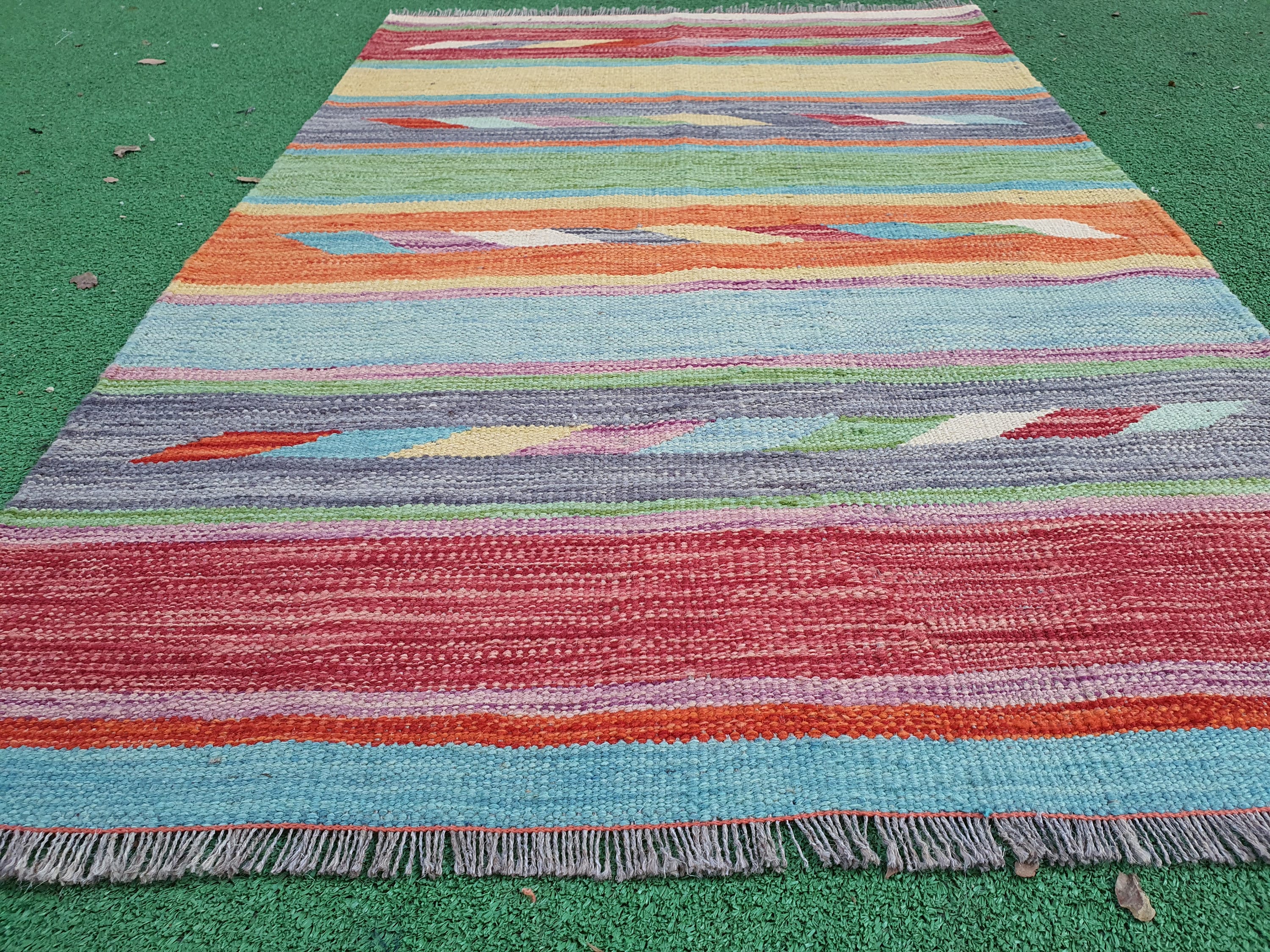 Oushak Vintage Kilim Floor Rug 4 x 3 ft Blue Orannge Red Natural Wool Persian Area Rug for Turkish Moroccan or Berber Boho Rustic Home Decor