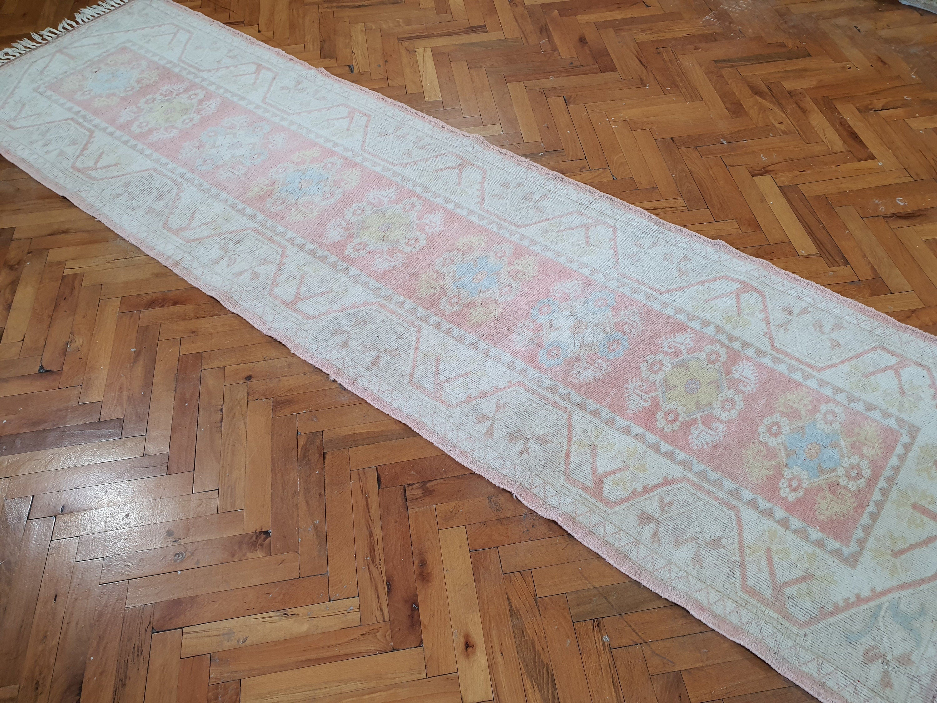Vintage Faded Bohemian Decor Rustic Runner Rug, Distressed Rug, Pastel Wash Persian Area Rug, Organic Wool Living Room Carpet 9'7''x2'8'' ft
