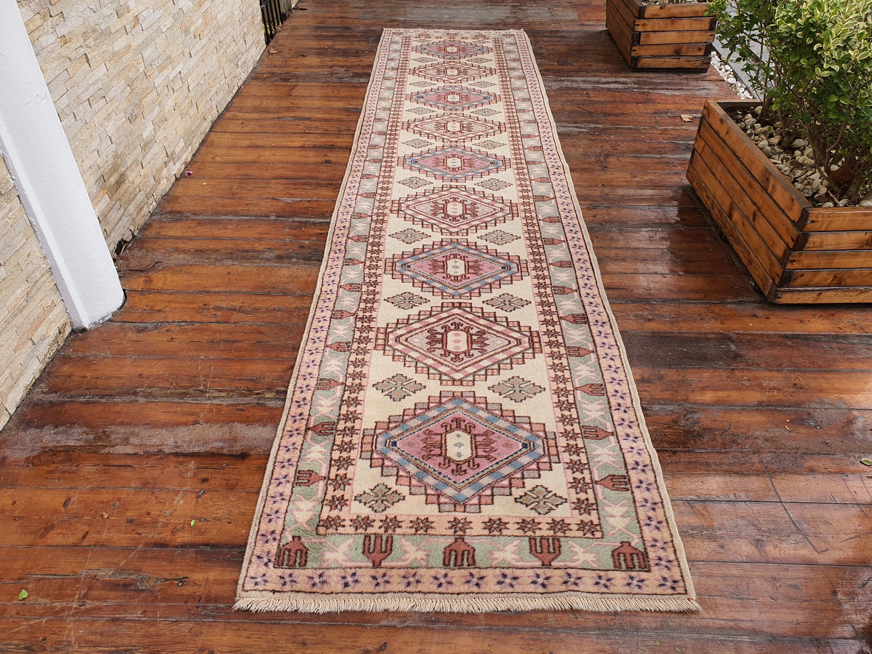 Turkish Runner Rug 9 x 3 ft Long Persian Moroccan Style Natural Wool Recycled Rug, Bohemian Rustic Decor Vintage Oriental Hallway Rug