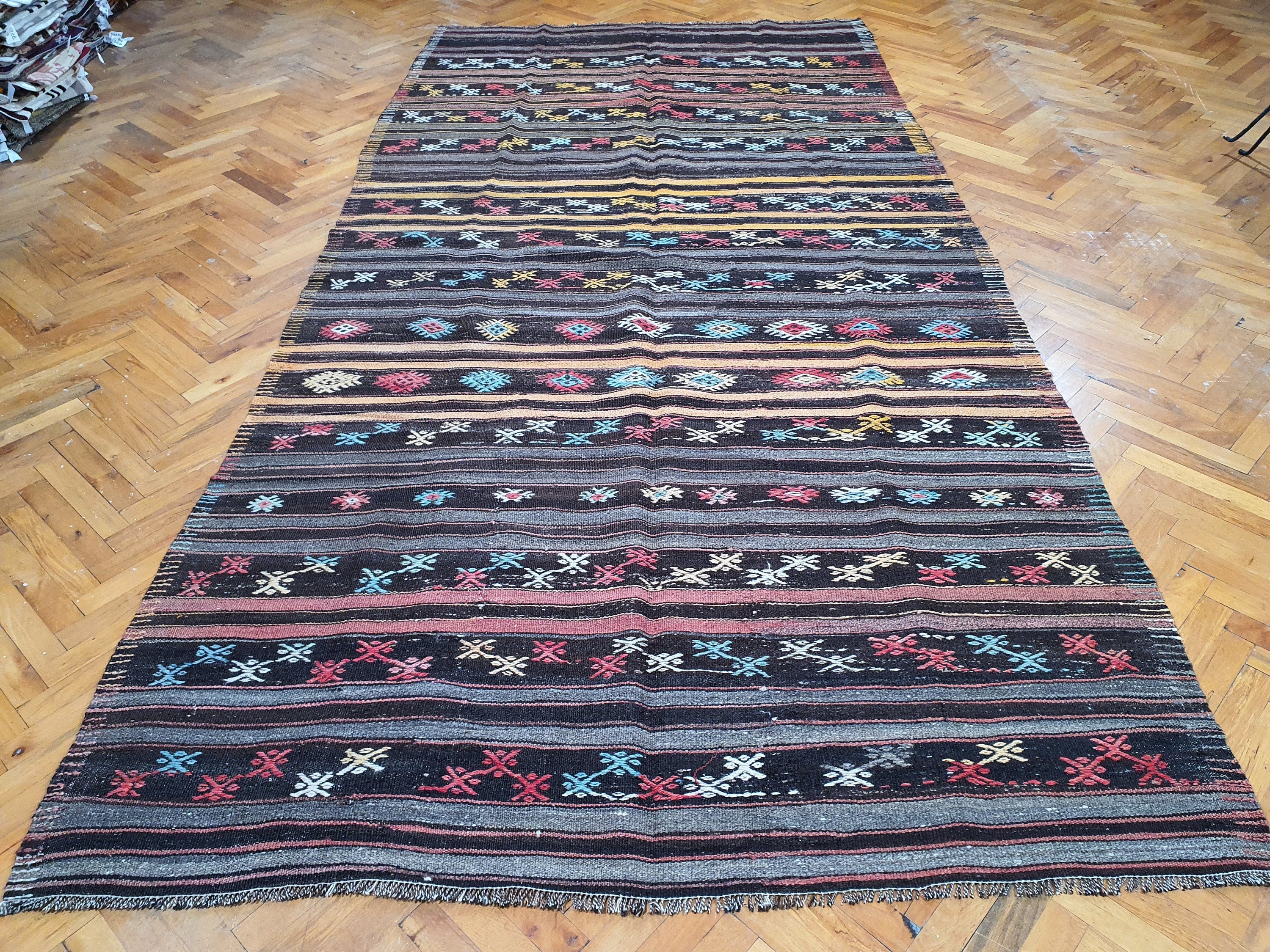 Vintage Balikesir Turkish Kilim Rug 11 x 5 ft, Brown Grey Yellow Embroidered Anatolian Handmade Wool Rug, Boho Rustic Decor Persian Area Rug