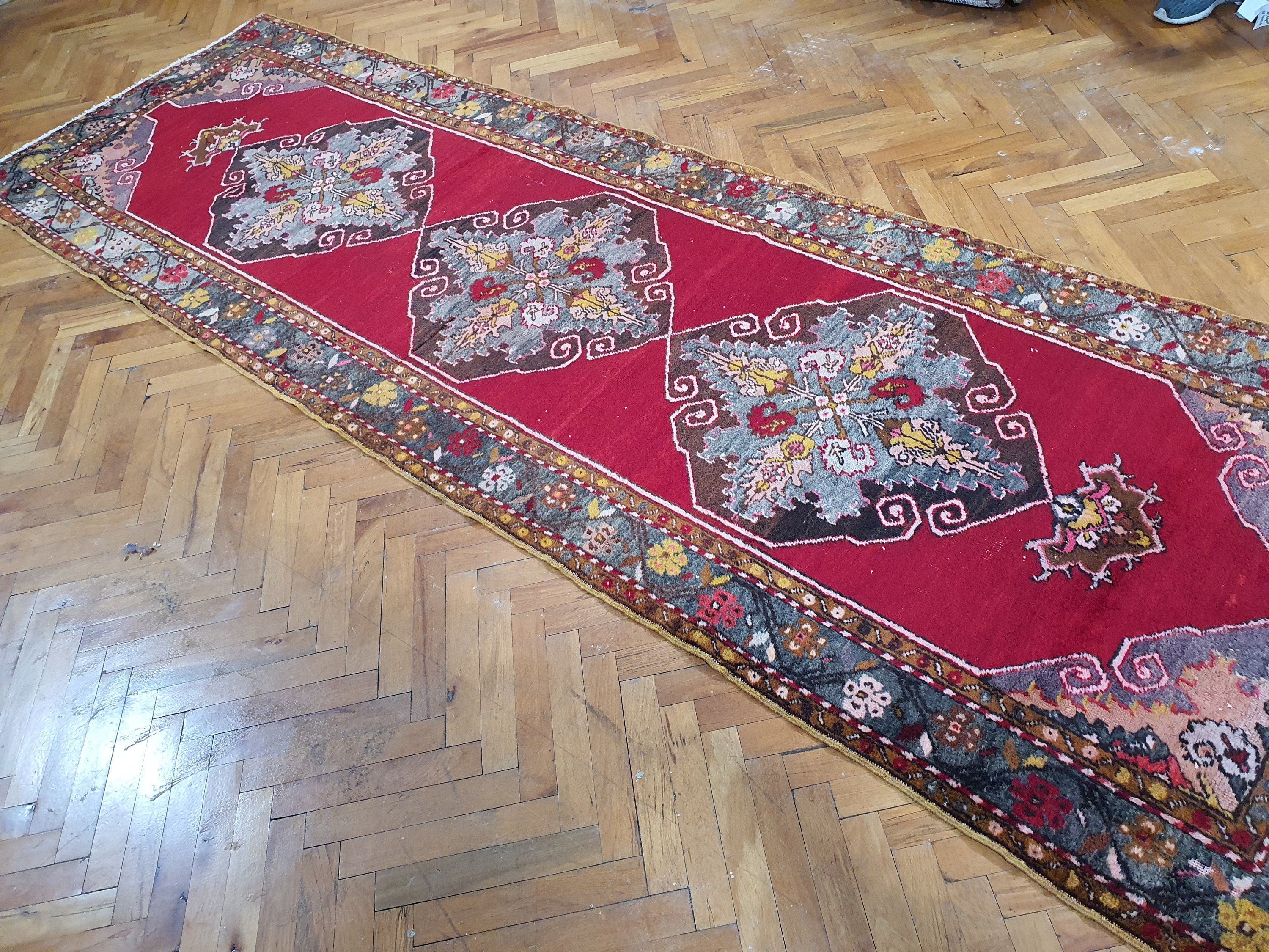 Sivas Turkey Hallway Runner, 11 x 3 ft Red Blue Brown Long Entryway Rug, Boho Rustic Handmade Natural Wool Persian Medallion Motif Corridor