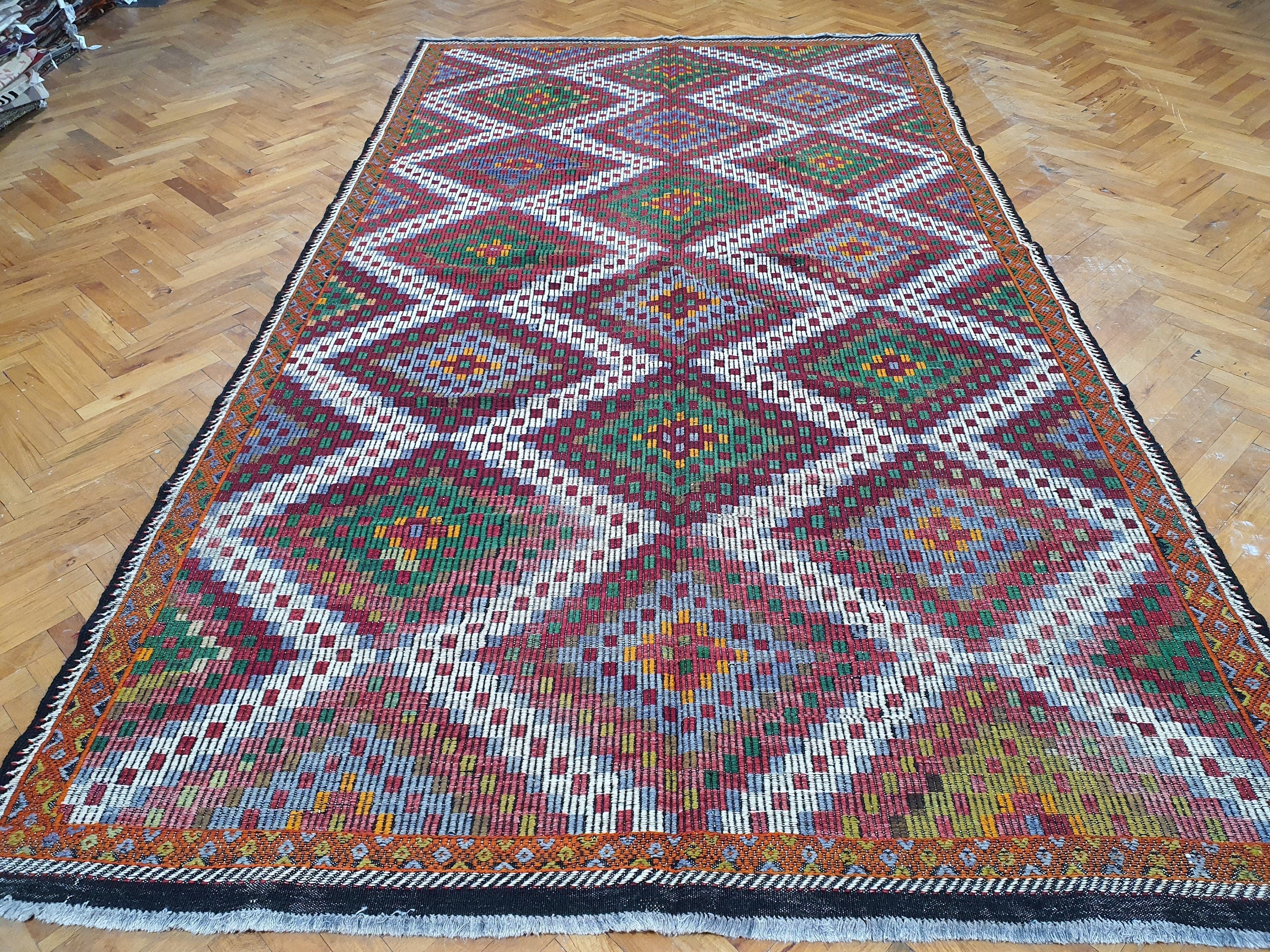 Turkish Kilim Rug 10 x 6 ft Green Orange & White on Brown Natural Wool Embroidered Vintage Cicim Floor Rug for Bohemian or Retro Home Decor