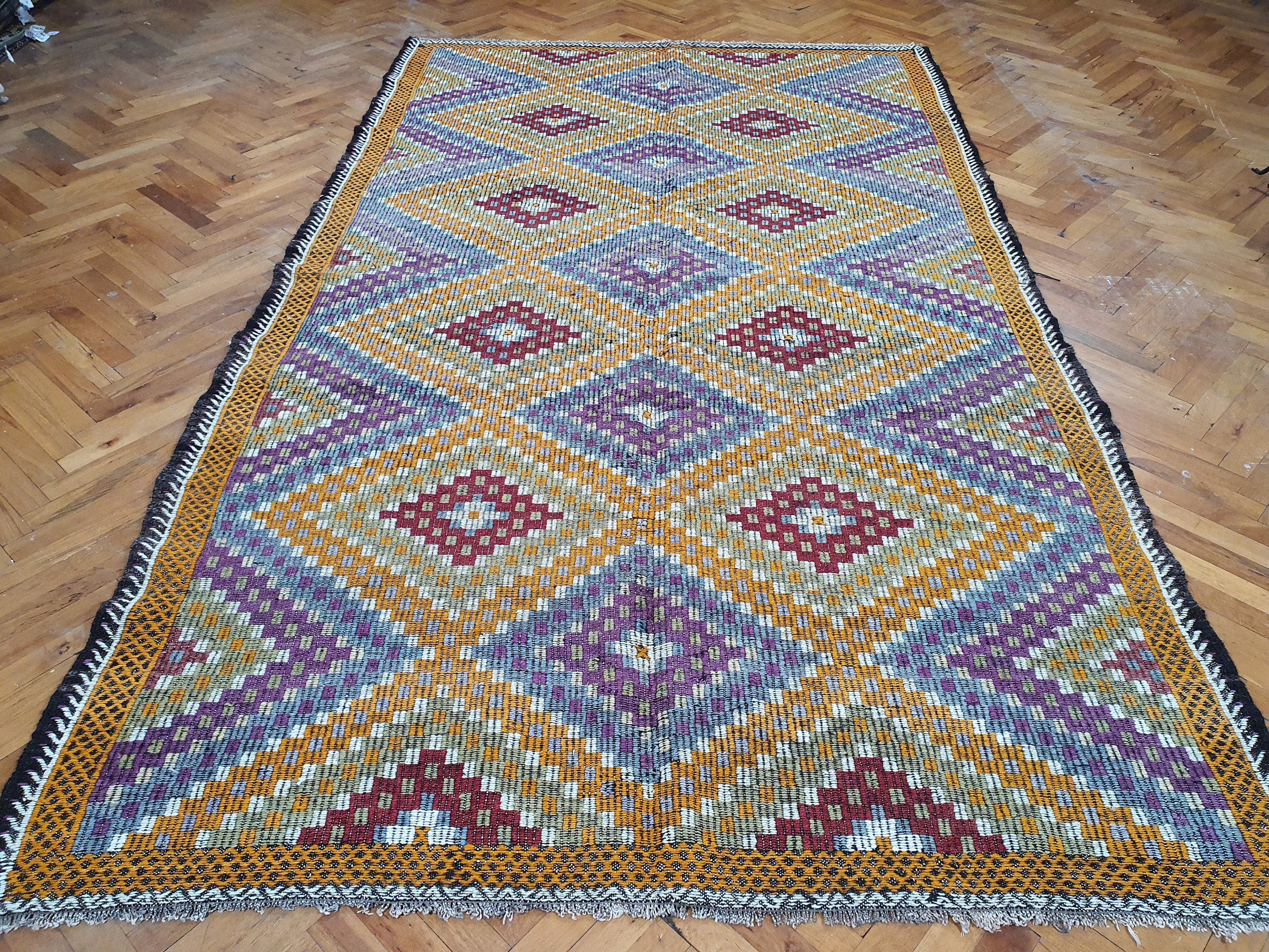Turkish Kilim Rug 9 x 6 ft Orange Red & Blue on Purple Natural Wool Embroidered Vintage Cicim Floor Rug for Bohemian or Retro Home Decor