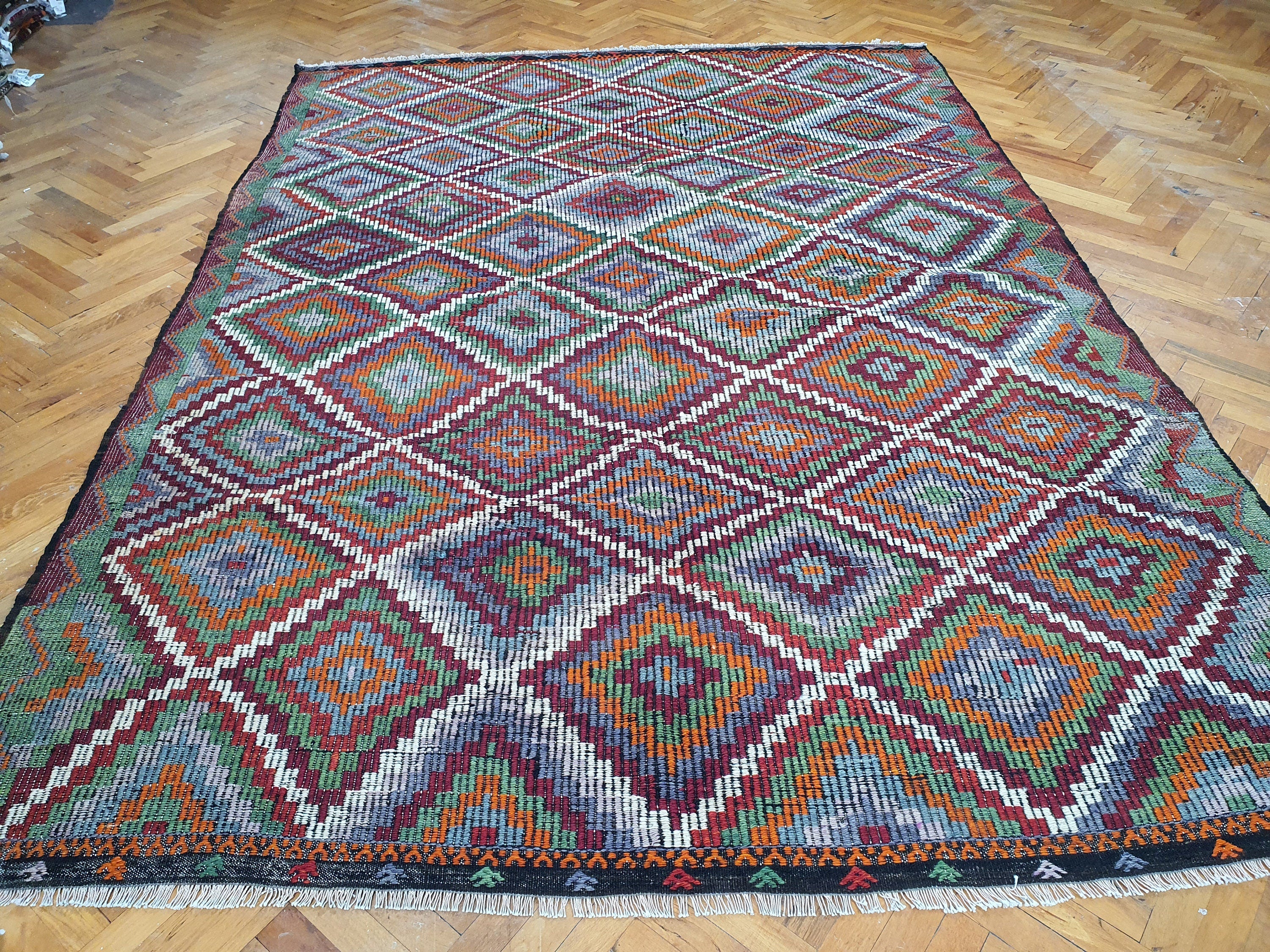 Brown Turkish Kilim Rug, 8 x 6 ft Pink Blue & White Turkish Cicim Embroidery on Turkish Kilim, Boho Rustic Natural Wool Handmade Persian Rug