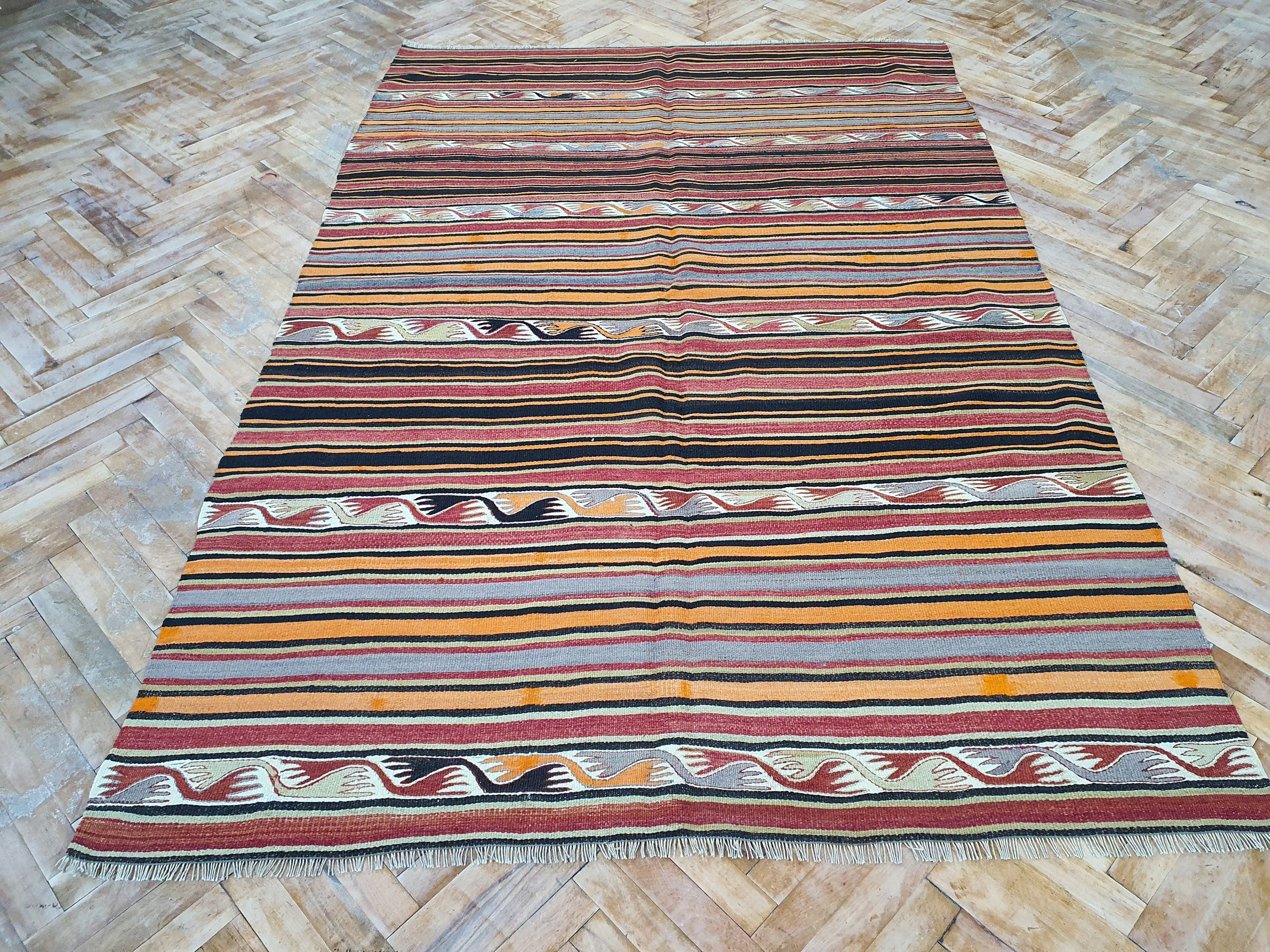 Vintage Decor Persian Area Kilim Living Room, Moroccan Style Handwoven Wool Rug, Bohemian Decor Rustic Rug, Colorful Turkish Rug 7'5''x'5'ft