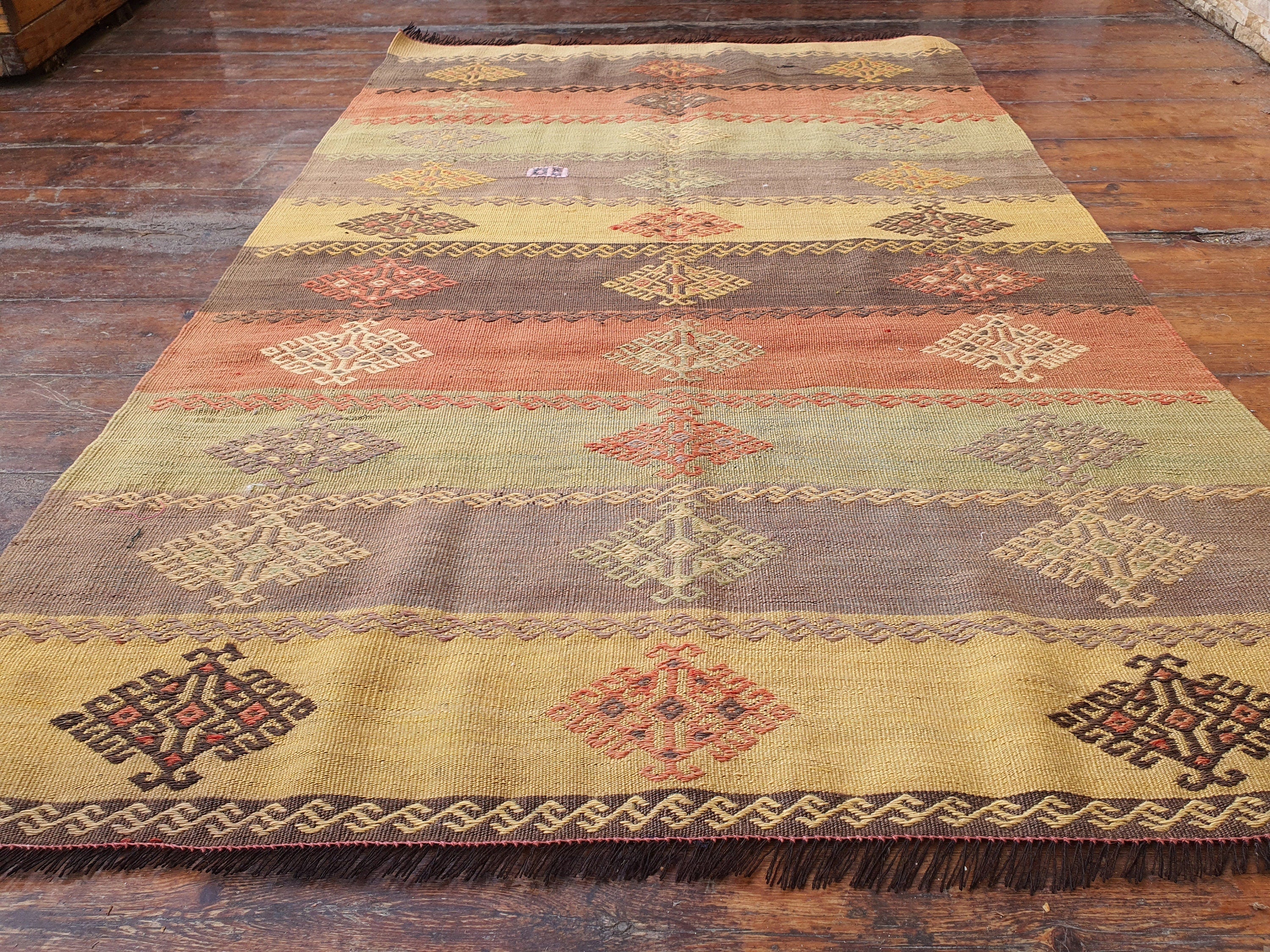 Turkish Kilim Rug 4 x 3 ft Orange and Brown Embroidered Cicim Kilim Rug