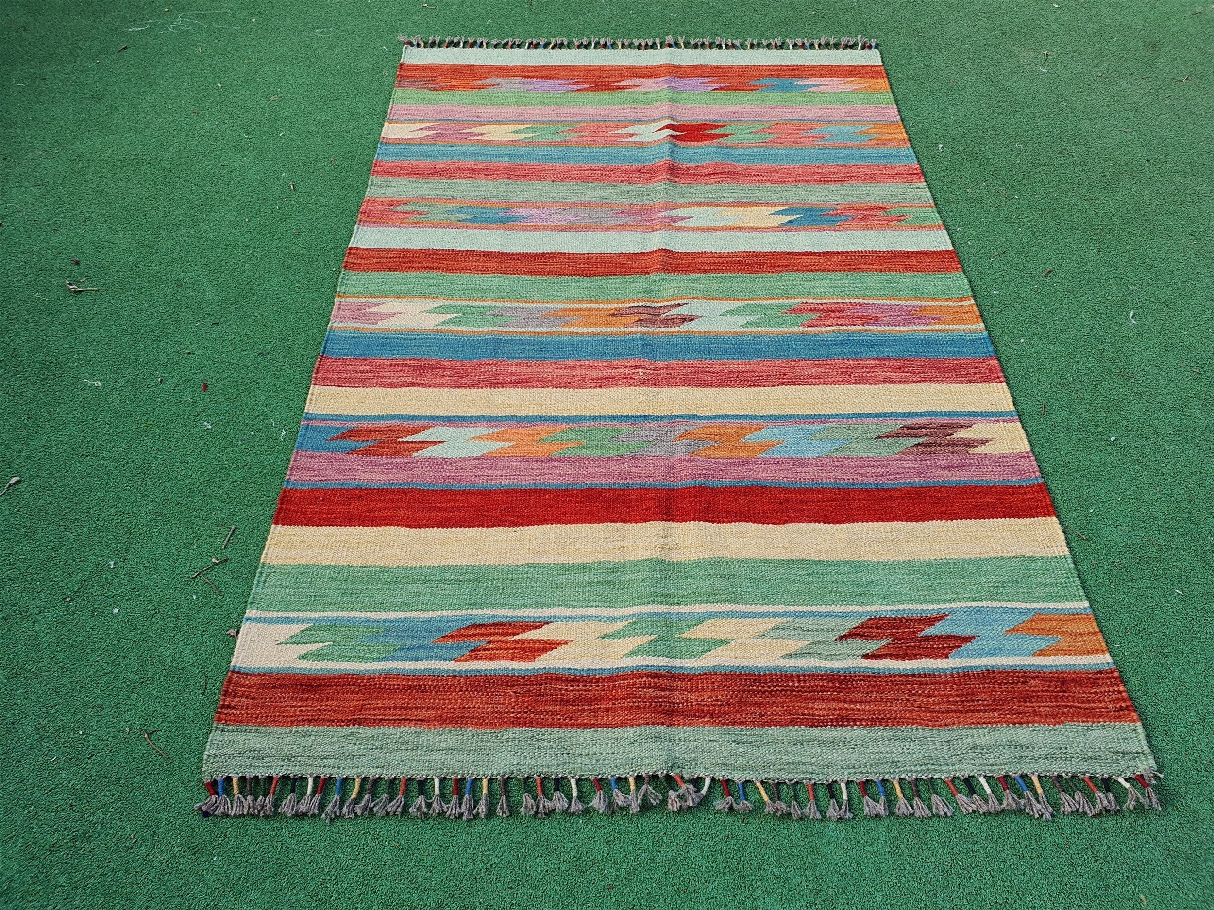 Oushak Vintage Kilim Rug, 5 x ft Blue Red Beige Turkish Boho Retro Floor Rug for Living Room Kitchen Bedroom Persian Moroccan Home Decor