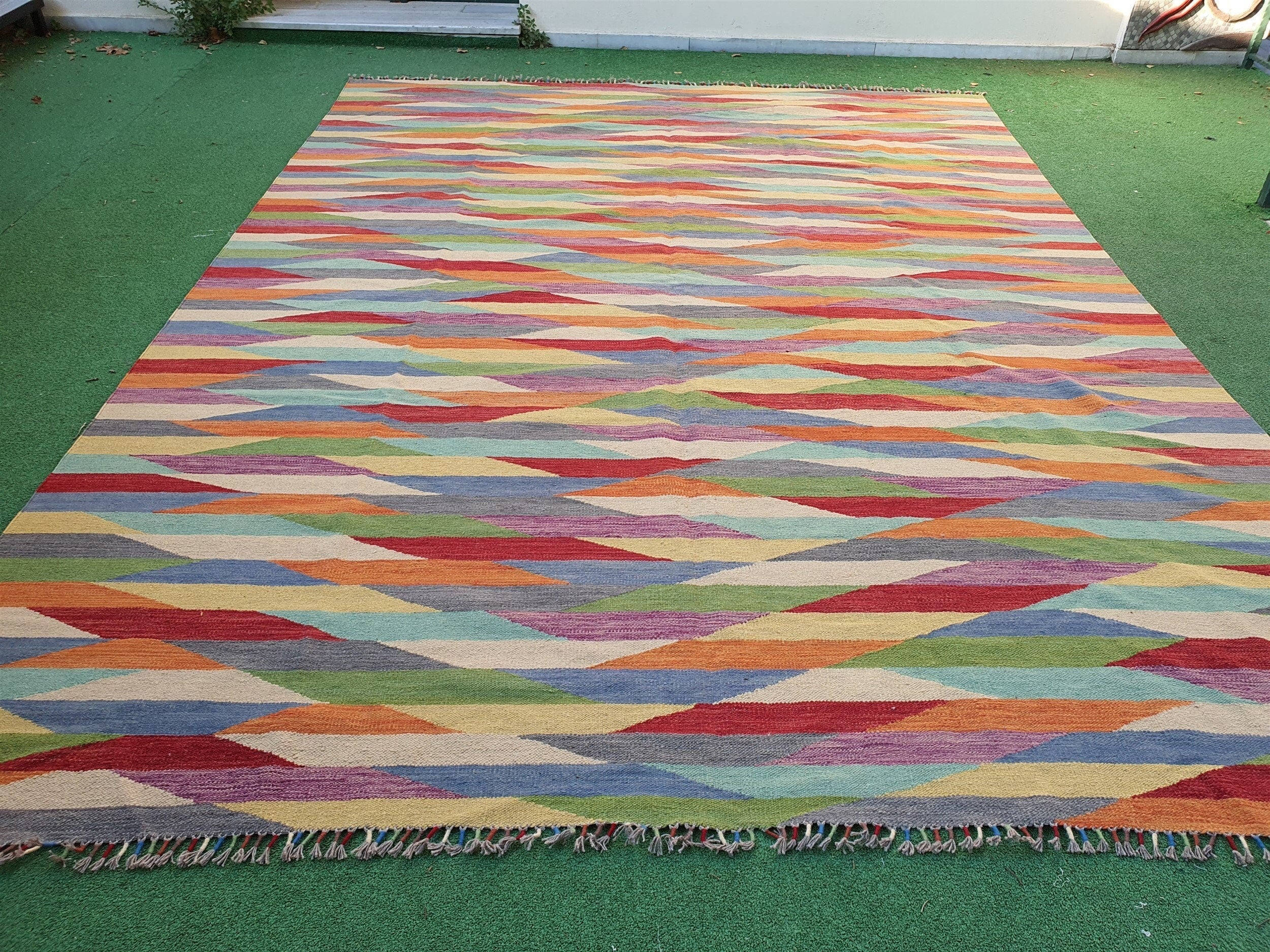 Oushak Vintage Kilim Rug, 12 x 8 ft Extra Large Blue Red Beige Turkish Boho Retro Floor Rug for Living Room Kitchen Persian Moroccan Decor