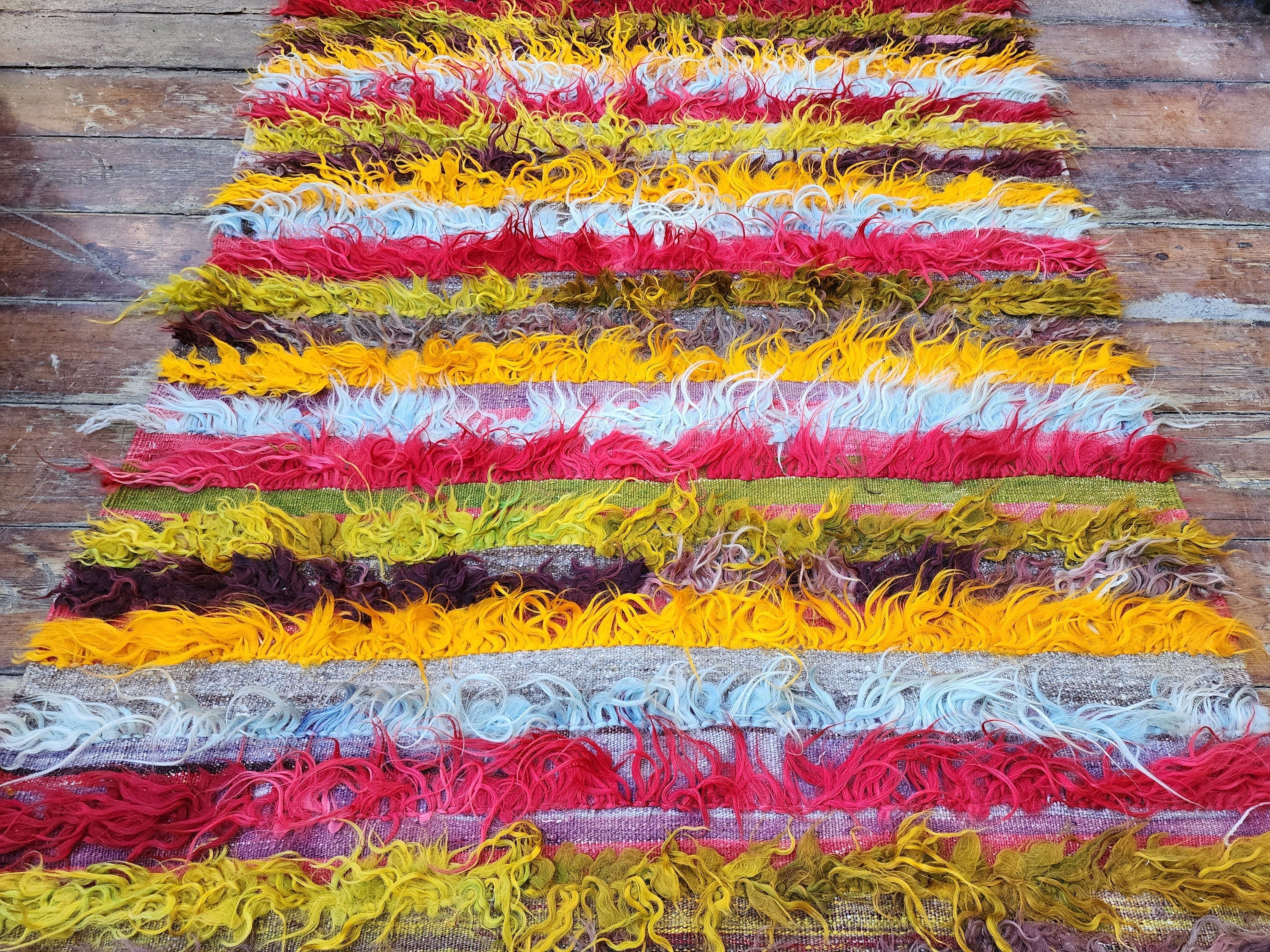 Turkish Filikli Kilim Rug, 5 ft 9 in x 3 ft 5 in, Orange, Blue, Red and Green Tulu Shaggy Rug