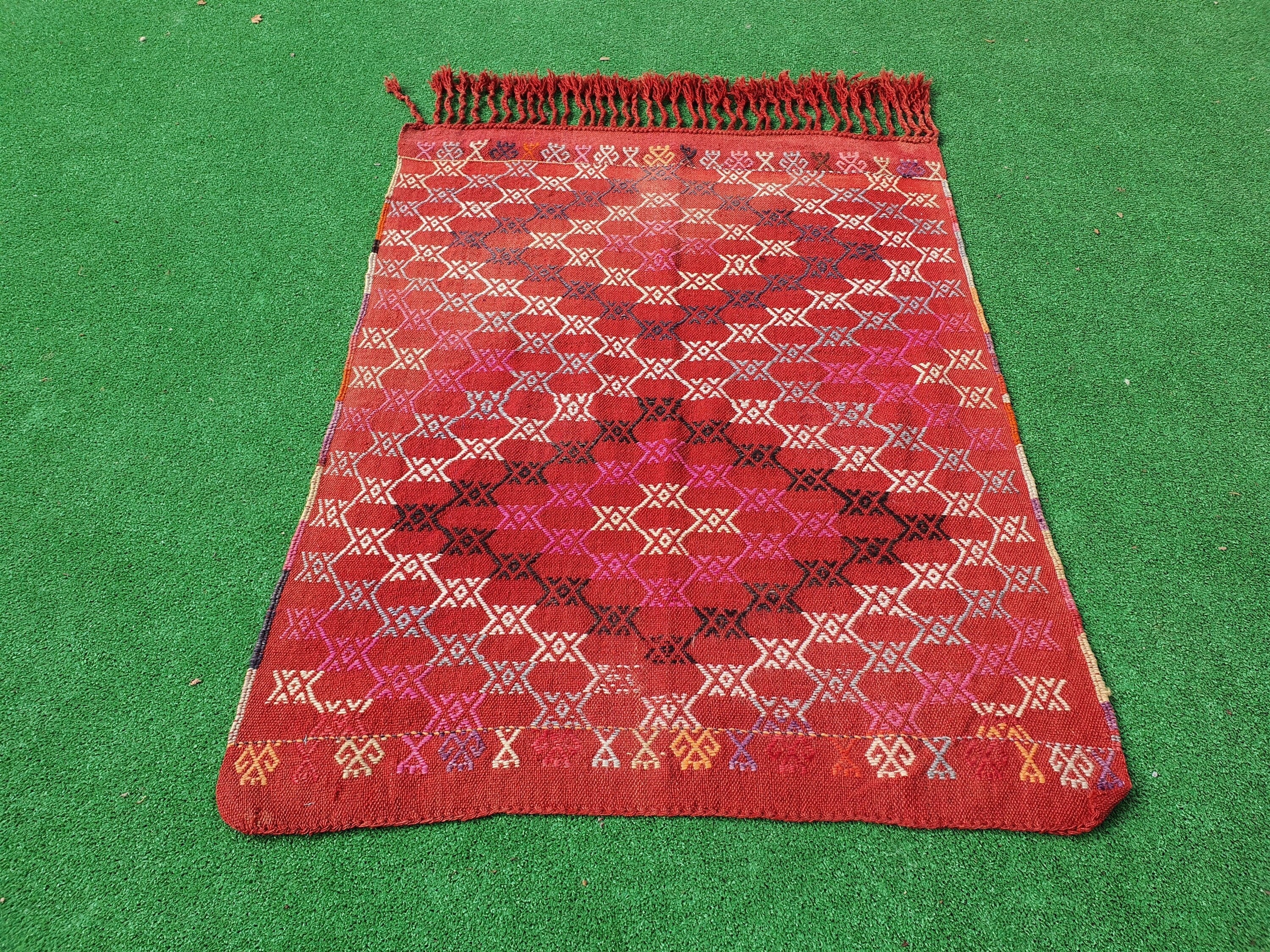 Turkish Kilim Rug, 3 ft 8 in x 3 ft, Embroidered Cicim Door Mat Rug