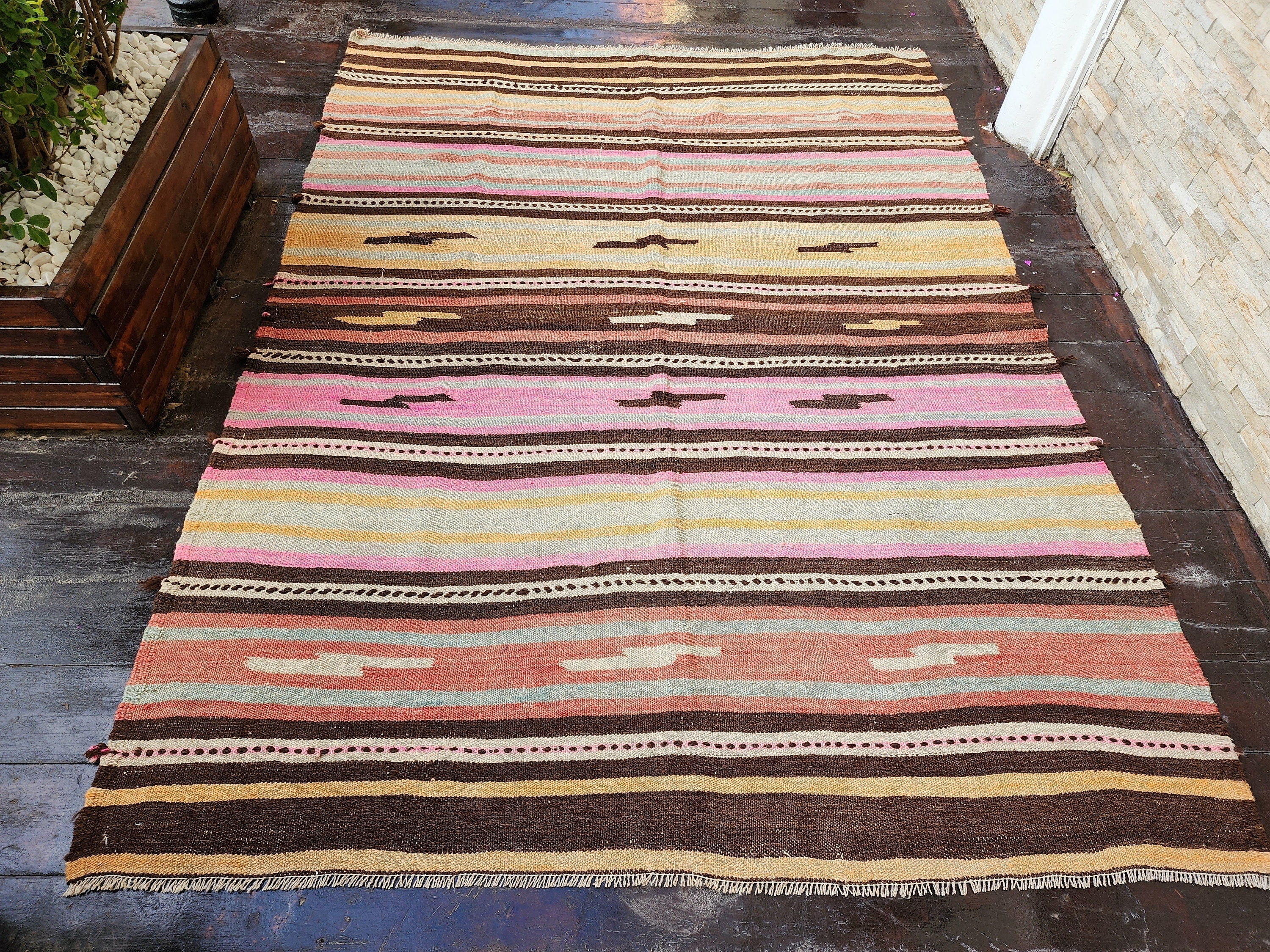 Tribal Kilim Rug, Living Room Rug, Rustic Rug, Organic Wool Rug, Antique Rugs, Ethnic BohoOrange and Green Cicim Persian Area Rug 8.4*6ft