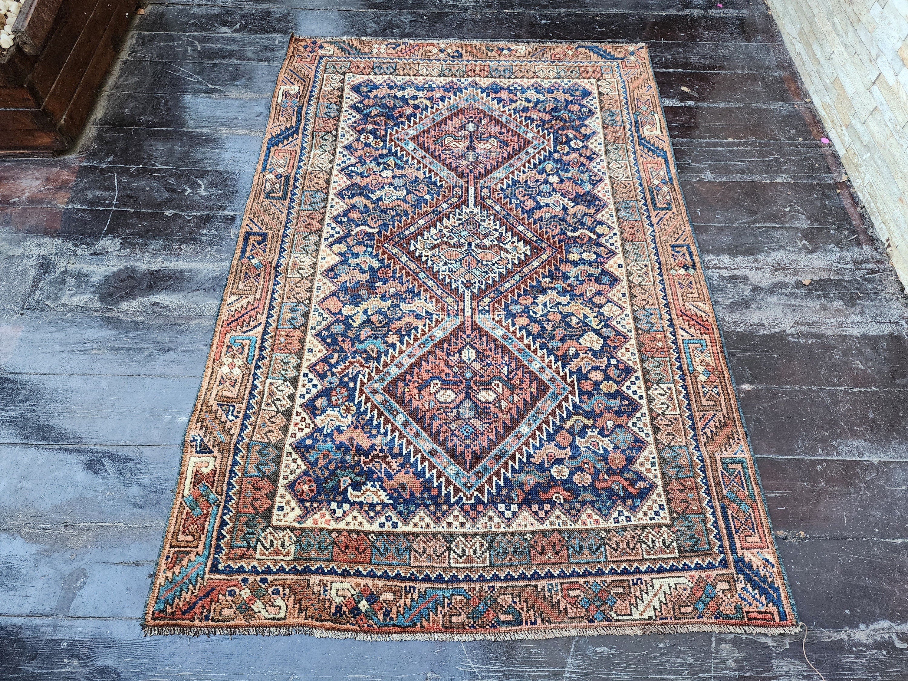 antique Persian Qashqai Wool Small Rug — back view