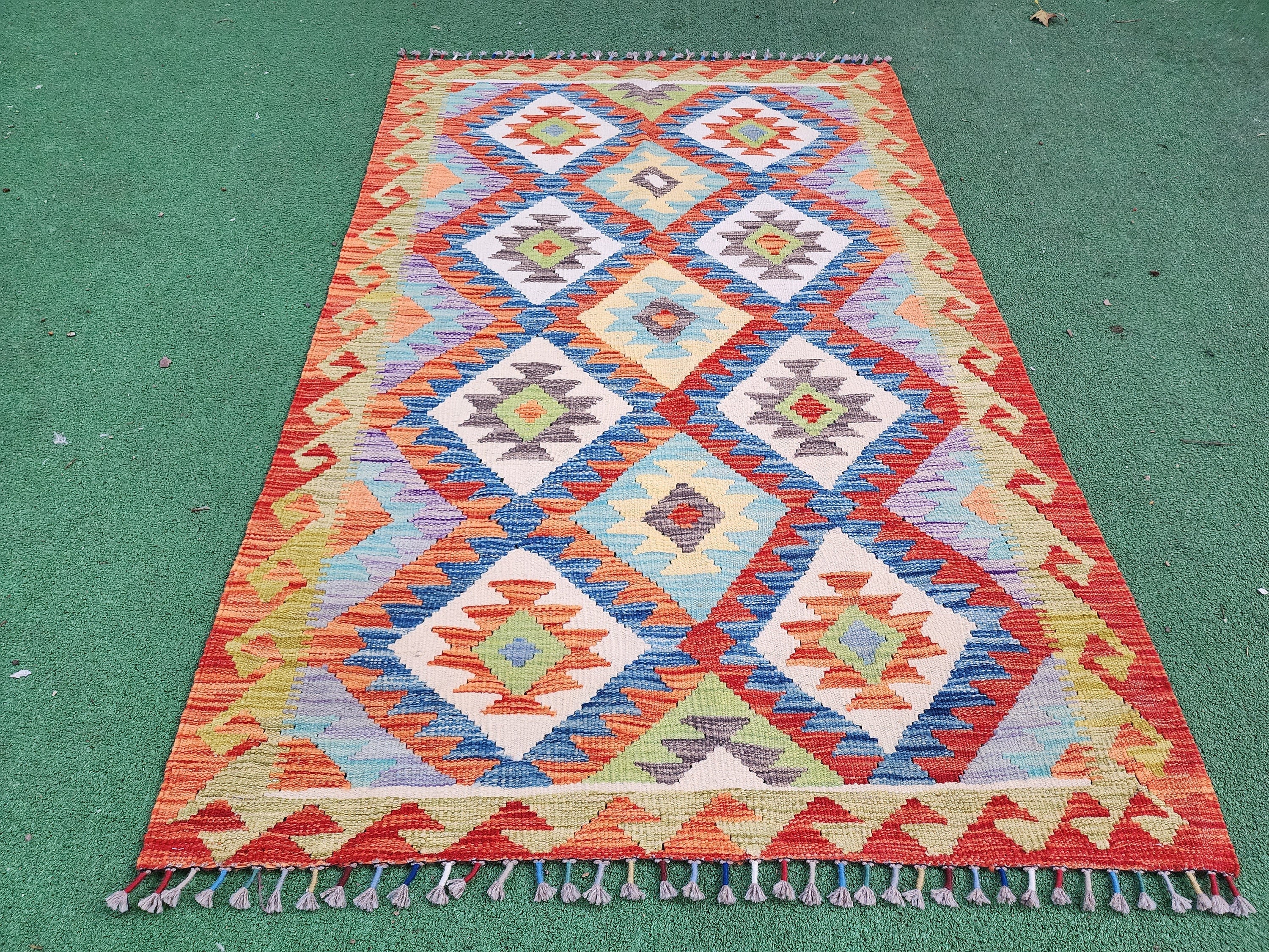 Afghan Kilim Rug,5 ft 3 in x 3 ft 4 in, Rust Red, Blue and Off-White Contemporary Turkish Rug