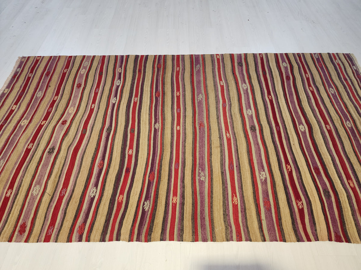 Hand-Woven Turkish Striped Cicim Kilim, Anatolian Wool Flatweave Rug (4'8''x8'4'')