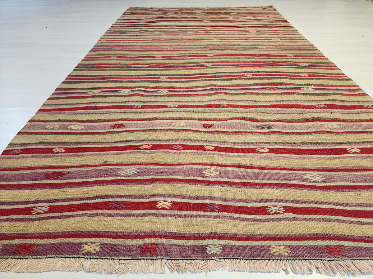 Hand-Woven Turkish Striped Cicim Kilim, Anatolian Wool Flatweave Rug (4'8''x8'4'')