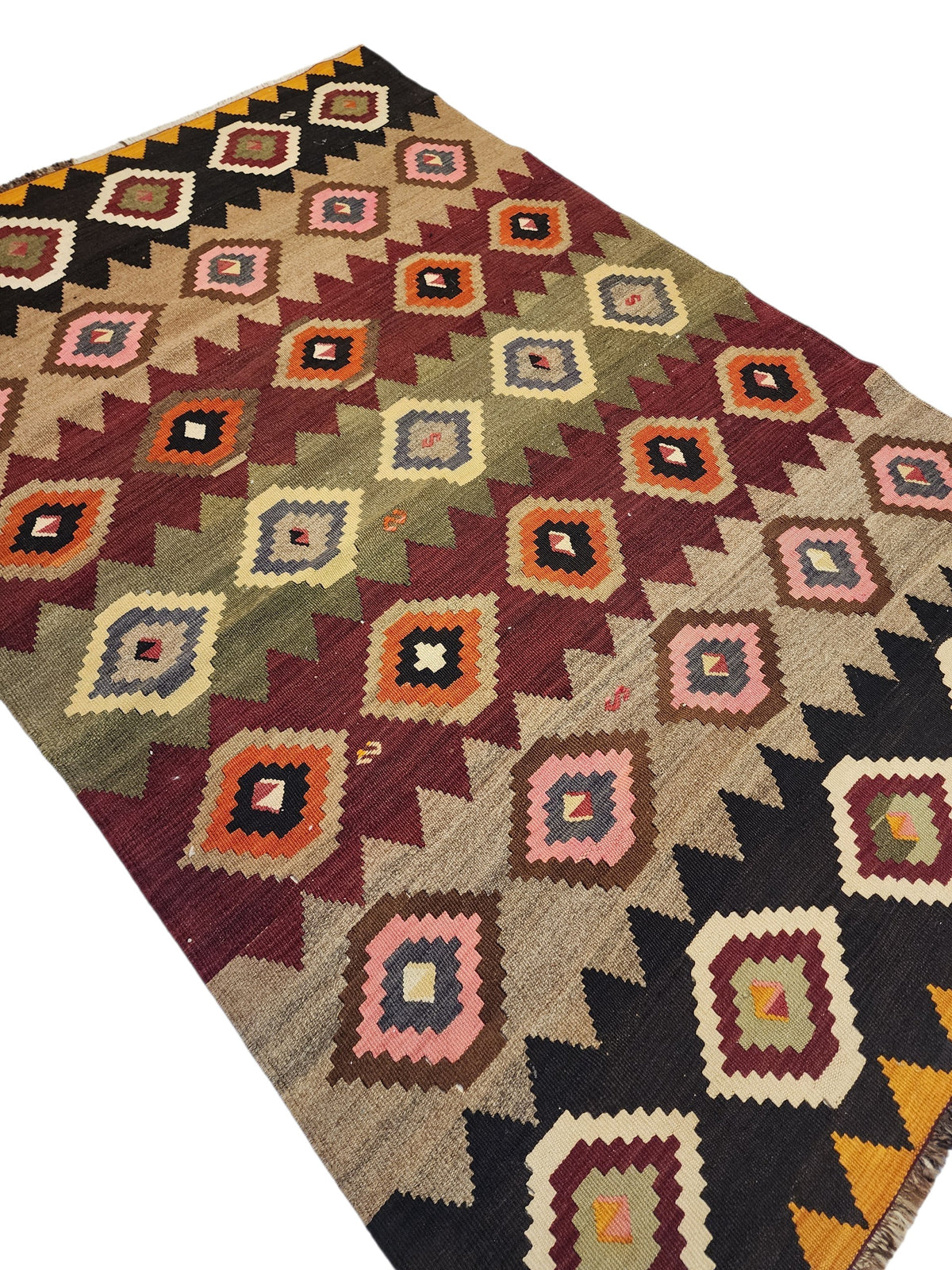 Hand-Woven Turkish Kilim Rug, Geometric Diamond Pattern, Boho Wool Flatweave (4'4'' x 6'9'')