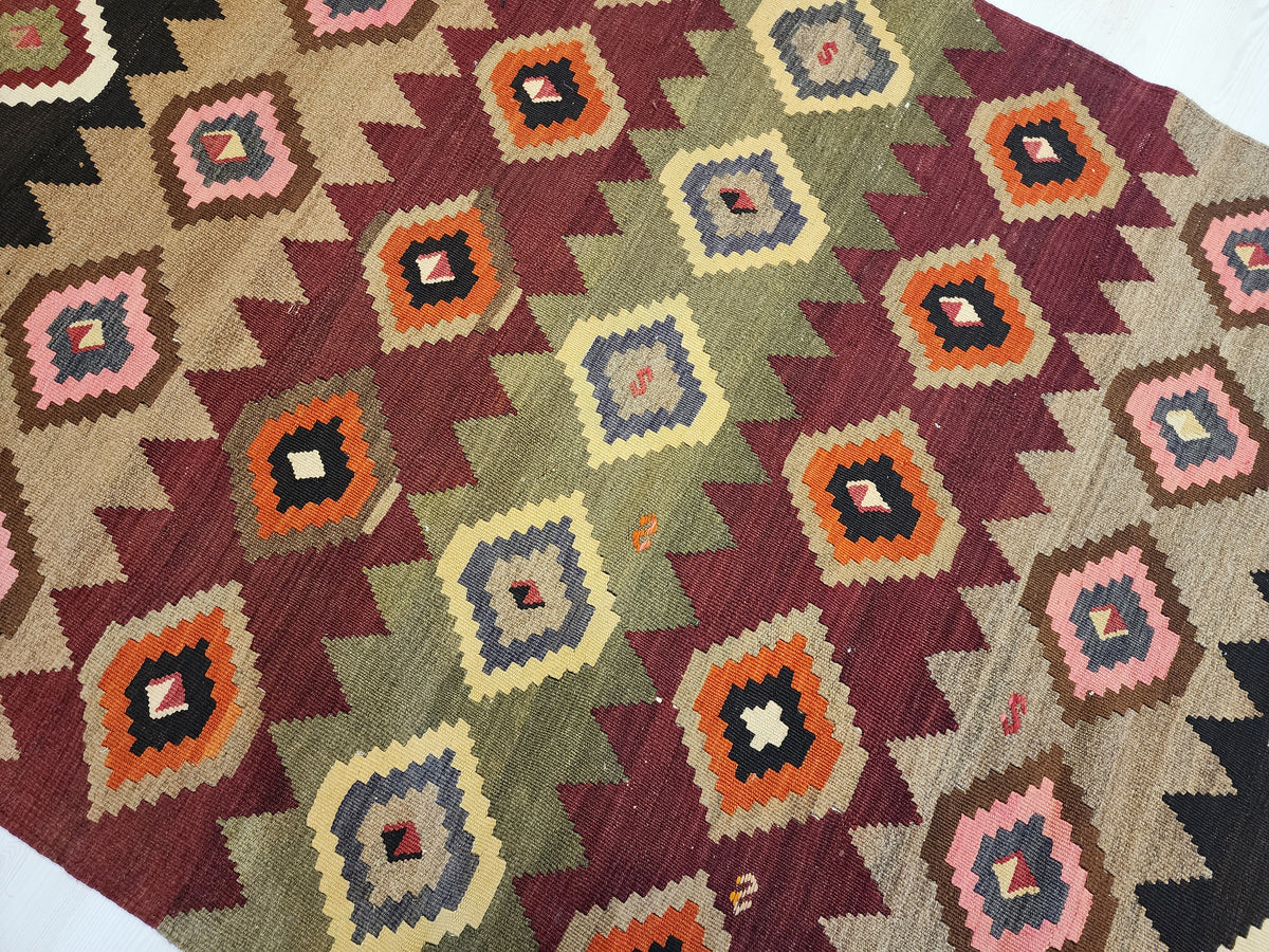Hand-Woven Turkish Kilim Rug, Geometric Diamond Pattern, Boho Wool Flatweave (4'4'' x 6'9'')