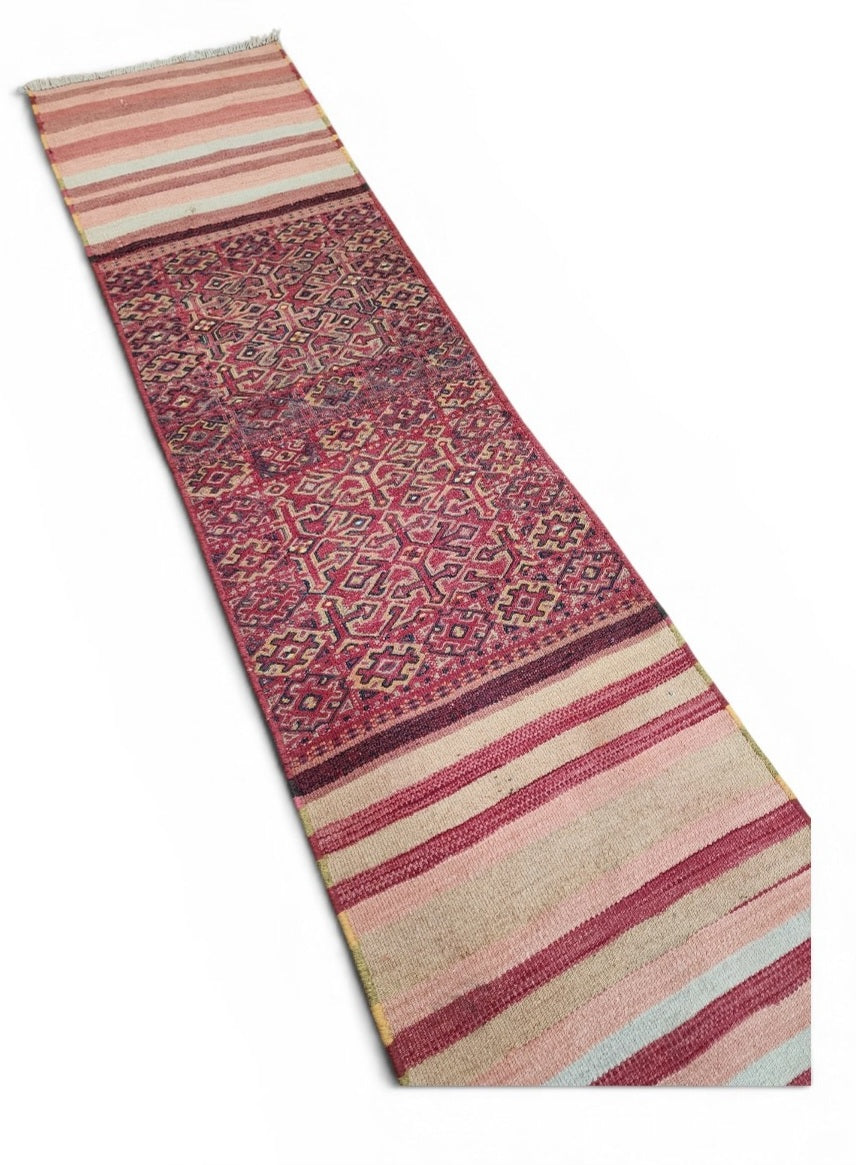 Psalakanthe — Handmade Vintage Wool Tribal Runner Rug, Red Blue Turkish Boho Carpet, 2x7