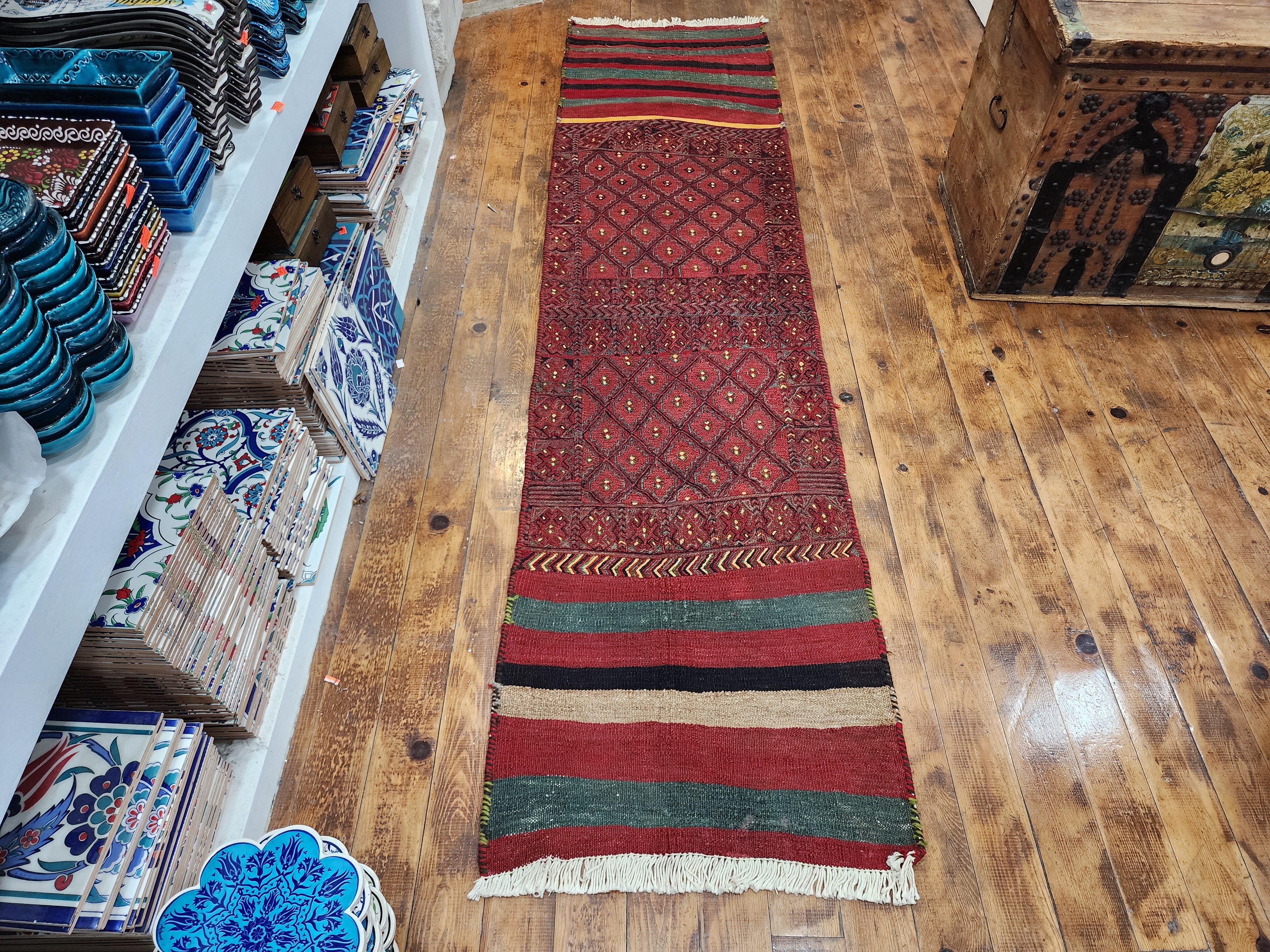 Phocaea — Handmade Vintage Wool Tribal Runner Rug, Red Purple Turkish Boho Carpet, 1'8''x7'3''