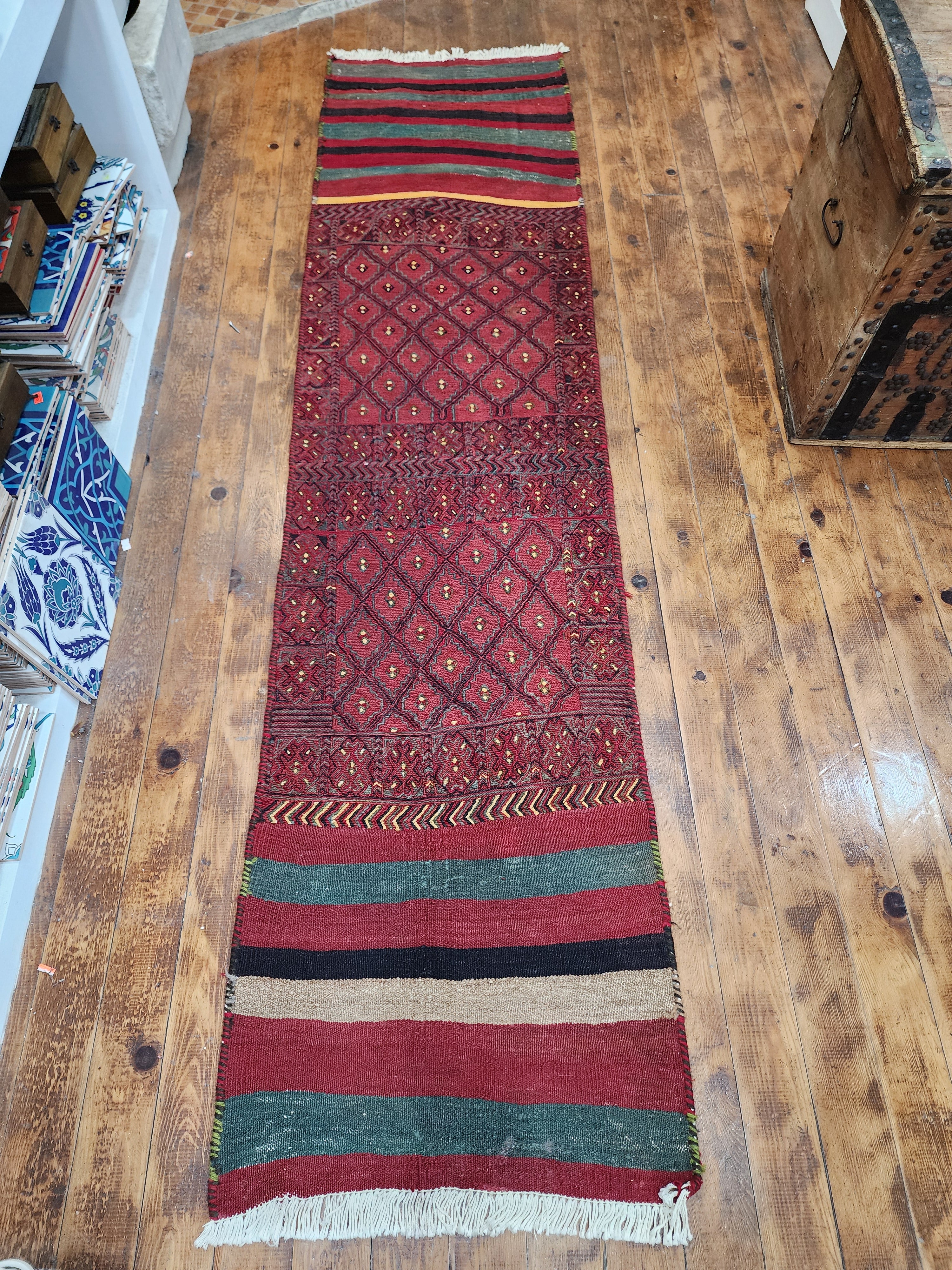 Phocaea — Handmade Vintage Wool Tribal Runner Rug, Red Purple Turkish Boho Carpet, 1'8''x7'3''