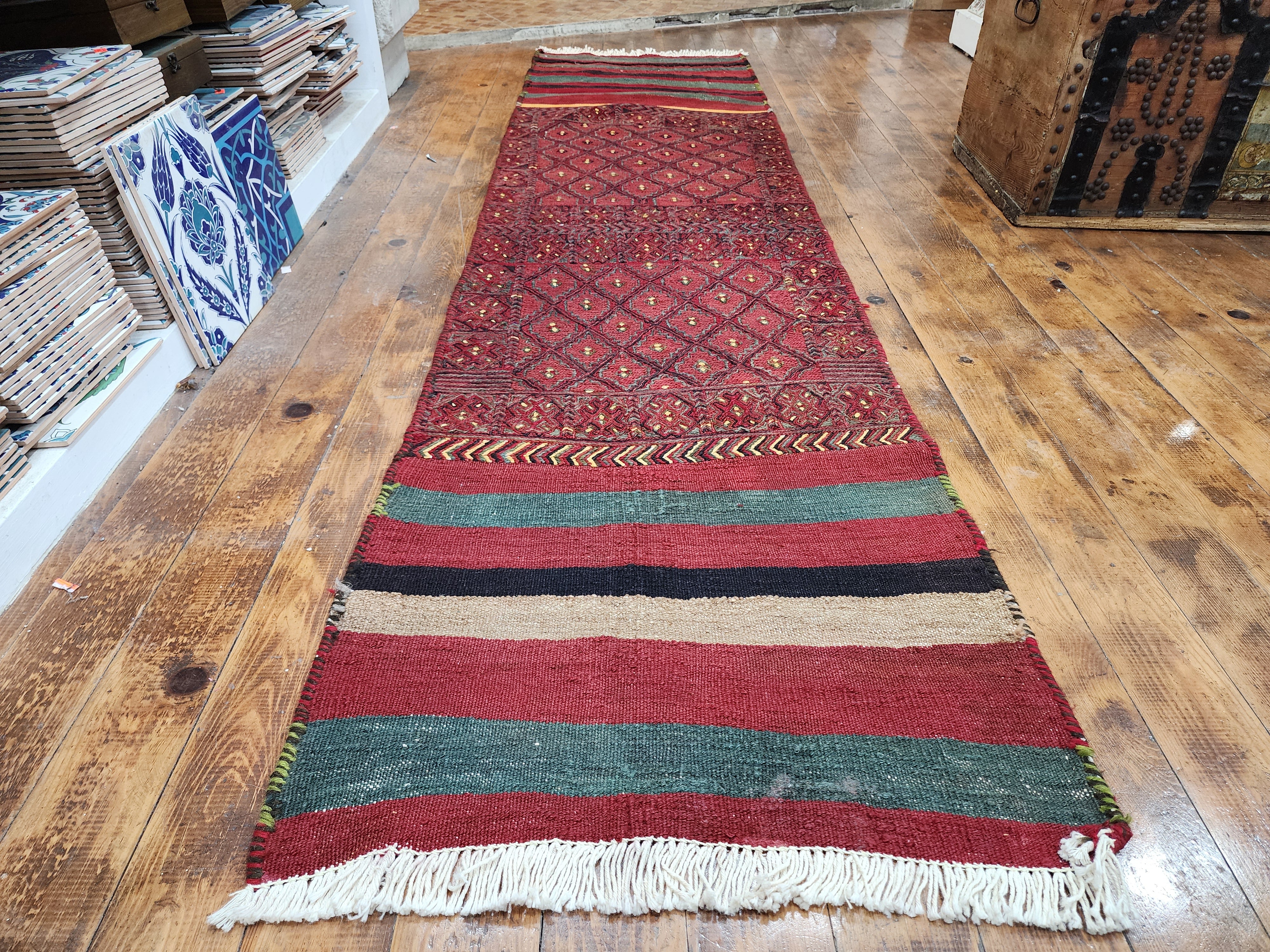 Phocaea — Handmade Vintage Wool Tribal Runner Rug, Red Purple Turkish Boho Carpet, 1'8''x7'3''