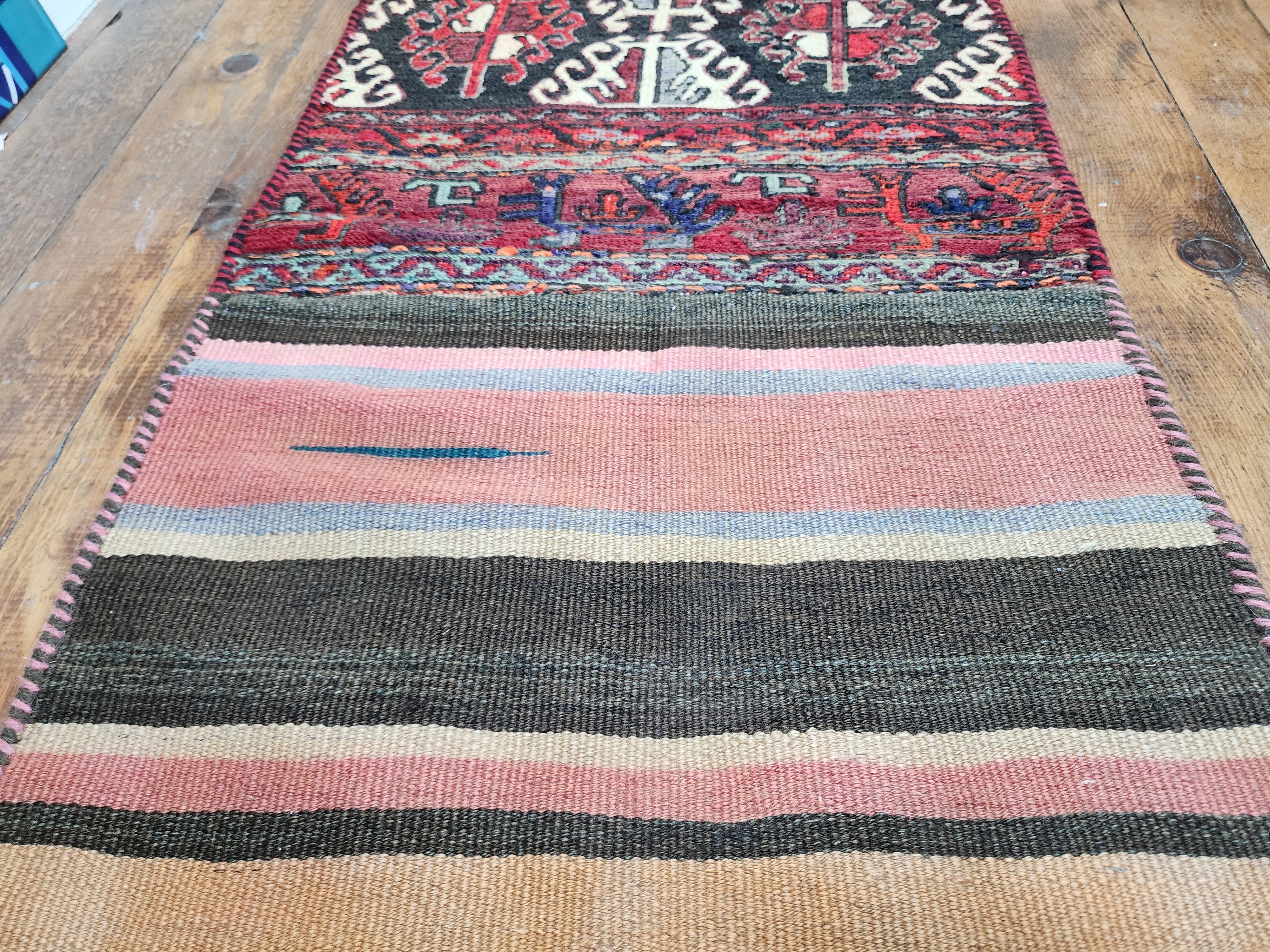 Sterope — Handmade Vintage Wool Tribal Runner Rug, Red Gray Turkish Boho Carpet, 1'6''x''6''