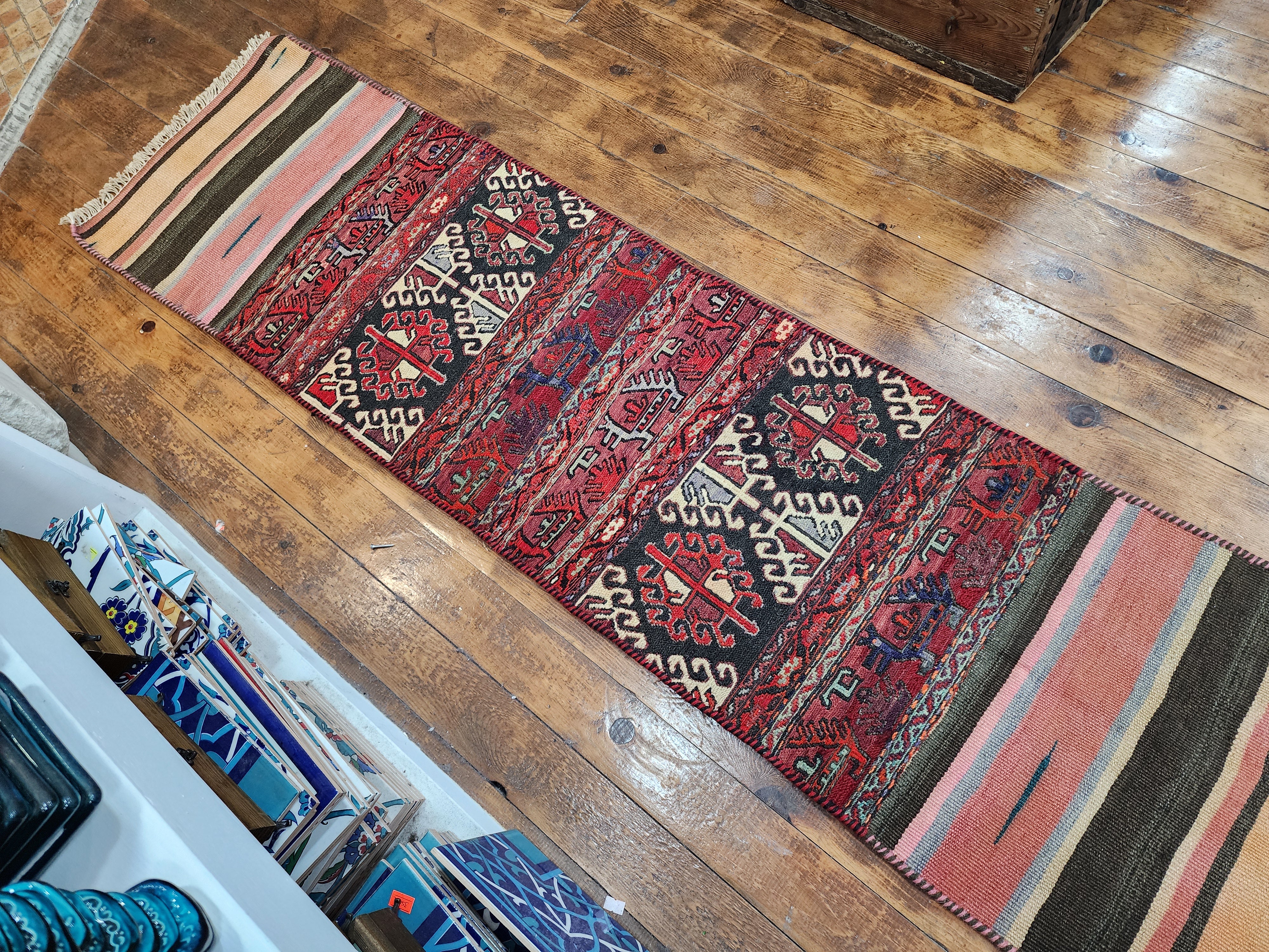 Sterope — Handmade Vintage Wool Tribal Runner Rug, Red Gray Turkish Boho Carpet, 1'6''x''6''