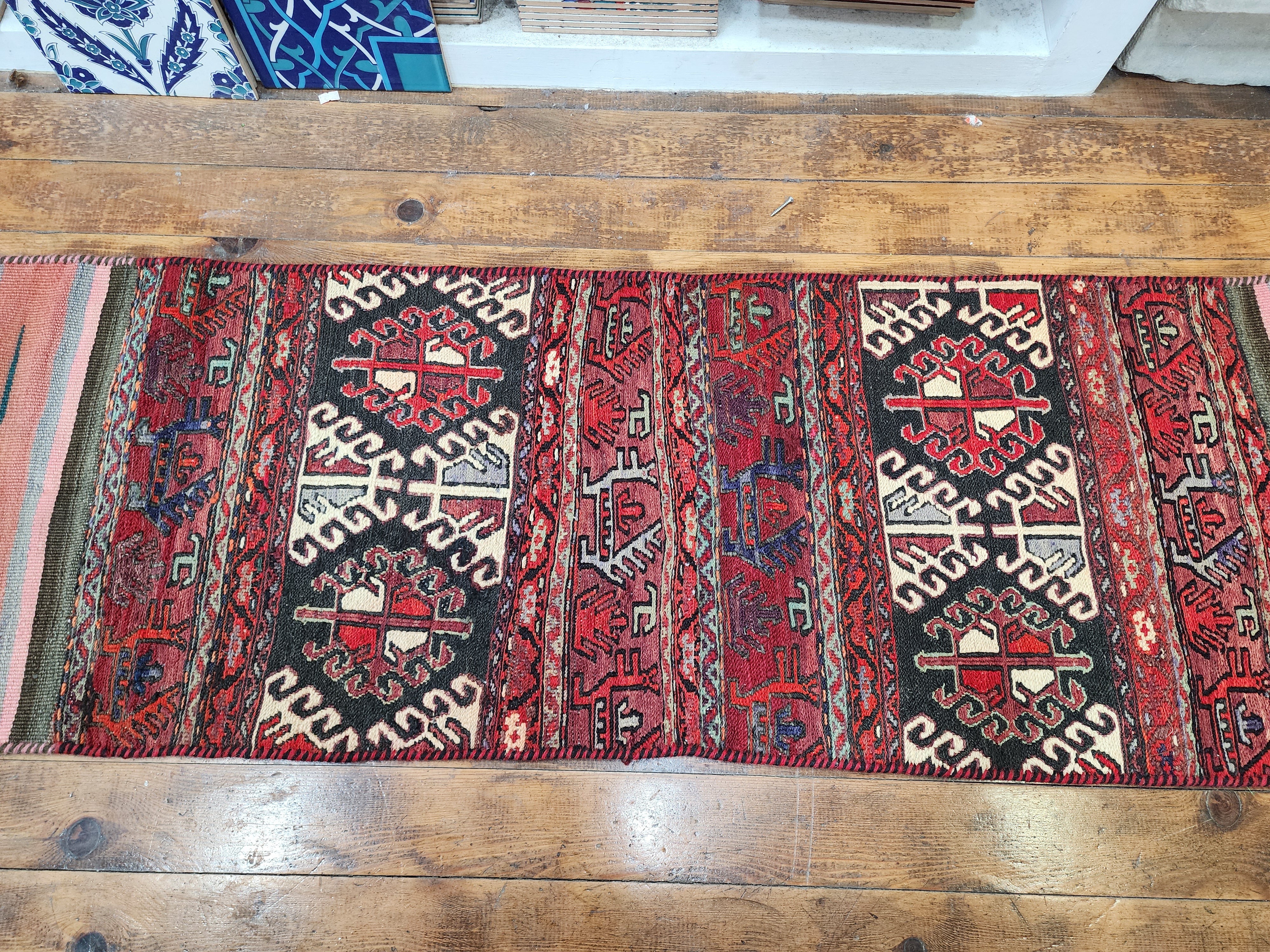 Sterope — Handmade Vintage Wool Tribal Runner Rug, Red Gray Turkish Boho Carpet, 1'6''x''6''