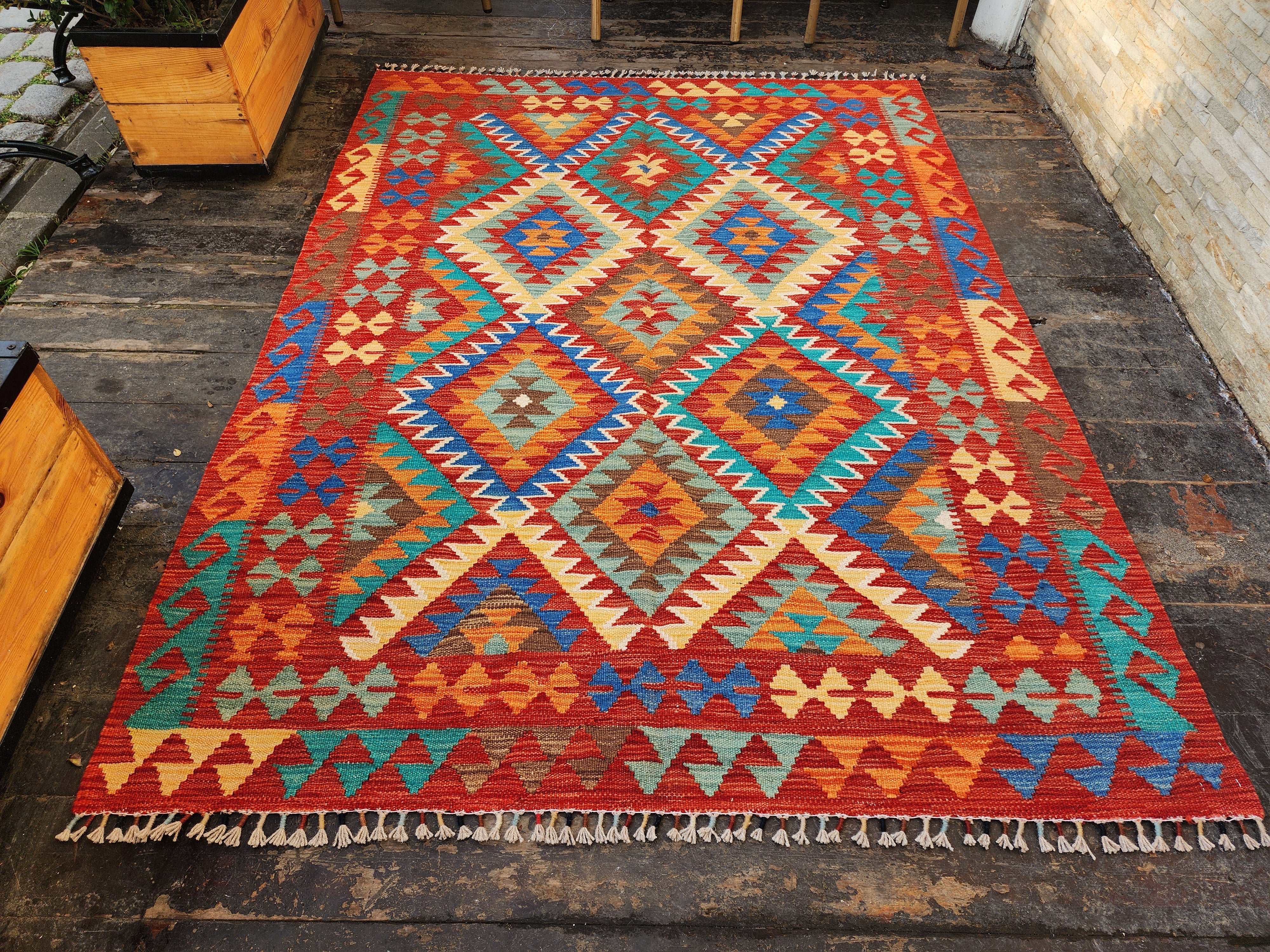 Afghan Kilim Rug, ''5''x6'7'' Orange Blue and Green Kilim Rug,