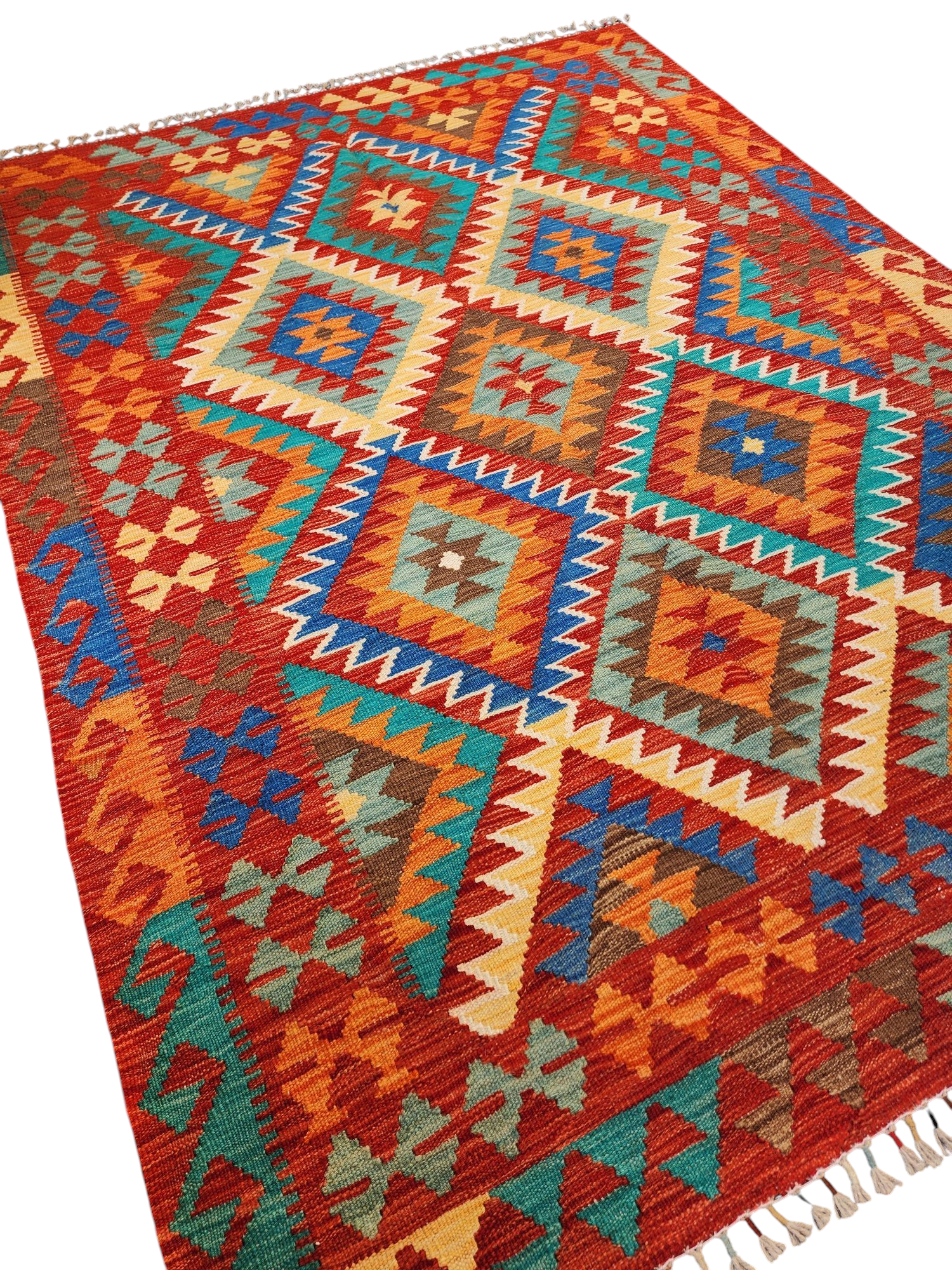 Afghan Kilim Rug, ''5''x6'7'' Orange Blue and Green Kilim Rug,